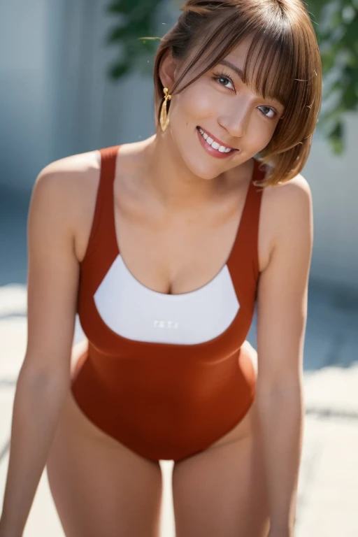 1girl, beautiful woman brown onepiece swimsuit, skinny, perfect body, defined abs, gold hair, standing in a white wall photography studio,  ultra-detailed face, beautiful eyes, beautiful lips, double eyelids, shy smile, trimmed bangs, sun-kissed skin, hint of pubic hair, (best quality, 8k, masterpiece:1.3), frontal and full-body shot, pussy line, front facing, open legs