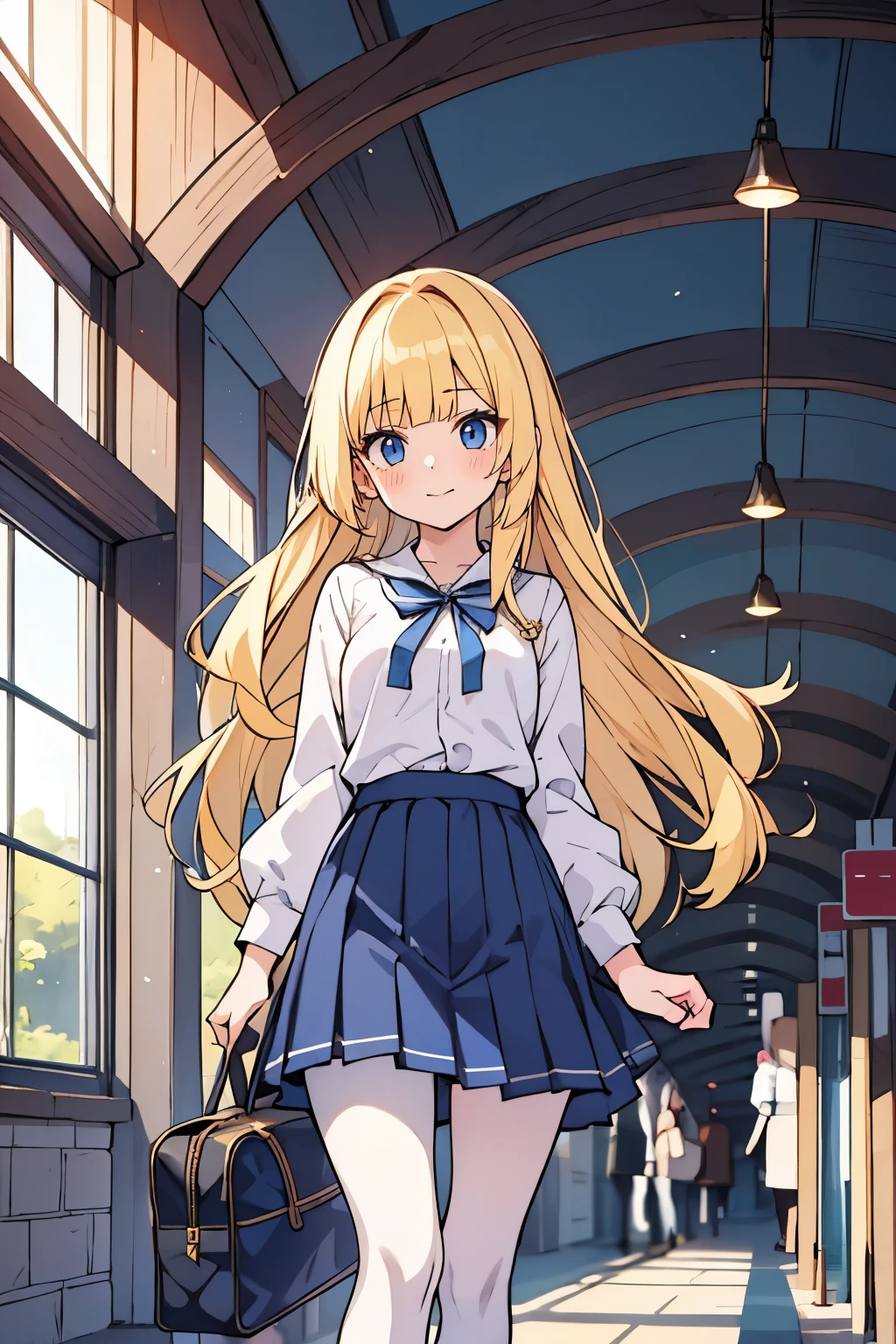 Young adult girl, best quality, 1 girl, female figure, yellow hair, blunt bangs, extra long hair, crystal blue eyes, golden blonde hair, voluminous hair, disheveled wavy hair, cute girl, (medium small breasts), (young female body: 1.4) embarrassed girl, humiliated expression , insecure, school unifrom, blue skirt, light blue pleated skirt, train station, holding one school bag, white pantyhose, going on a field trip