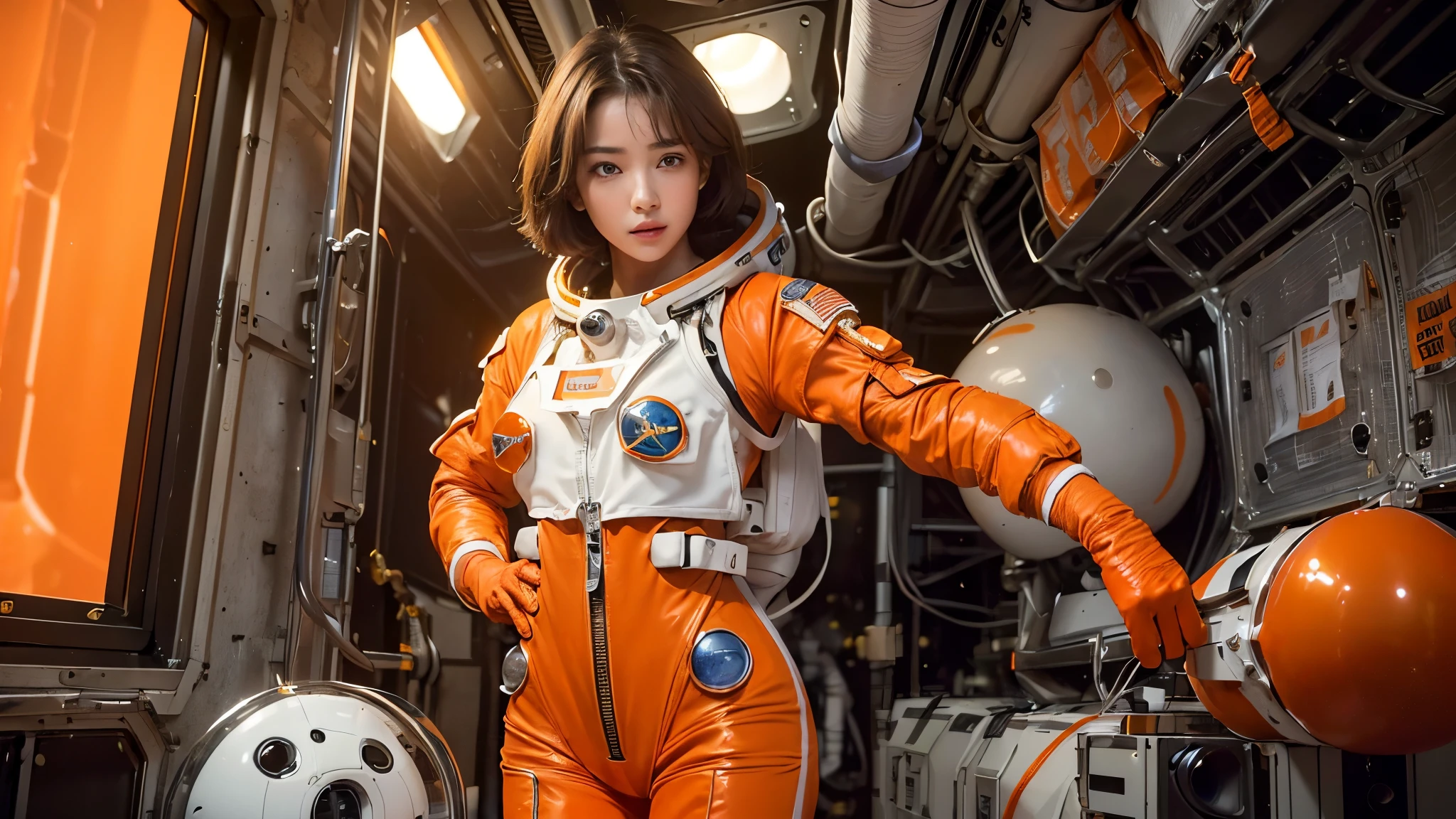 ((1girl,alone,solo)). top-quality、masterpiece、超A high resolution、(realisitic:1.4)、Beautuful Women1、Beautiful detail eyes and skin、smile、Light brown short-cut hair、The perfect orange spacesuit、spaceships、cosmic space、orange spacesuit, inside spacecraft, near big window, earth outside, (8K, best quality, high-resolution:1.35),(Raw photo:1.2), (Photorealsitic:1.37), (masterpiece: 1.25), professional lighting, photon mapping, radiosity, symmetry, complexity, elegance, ((1 girl)), big breasts, breast, brown hair, natural makeup, clear facial features, curvy build, ((((orange astronaut spacesuit)))), coms device, (spacewalk), space station, planetary sunset, outer space