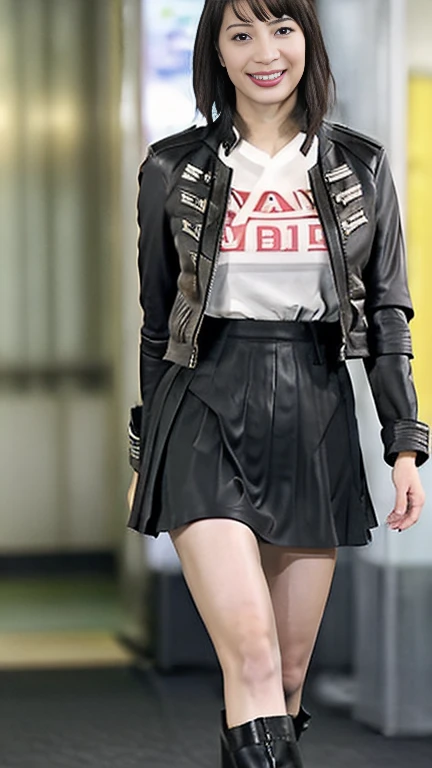 
最high quality, 8k, Vibrant, Sharp focus, high quality, High resolution, Middle-aged women, Mature Woman, 55 years old, (Whole Body Ezbian), (High heels face detail, Highly detailed eyes, Plump figure、Plump face、((big 1.6))、(((Large Breasts)))、((Black leather clothing))、Busy Street、Random Hairstyles、A kind smile、(Leather Fashion、leather jacket、Leather skirt、boots、)、