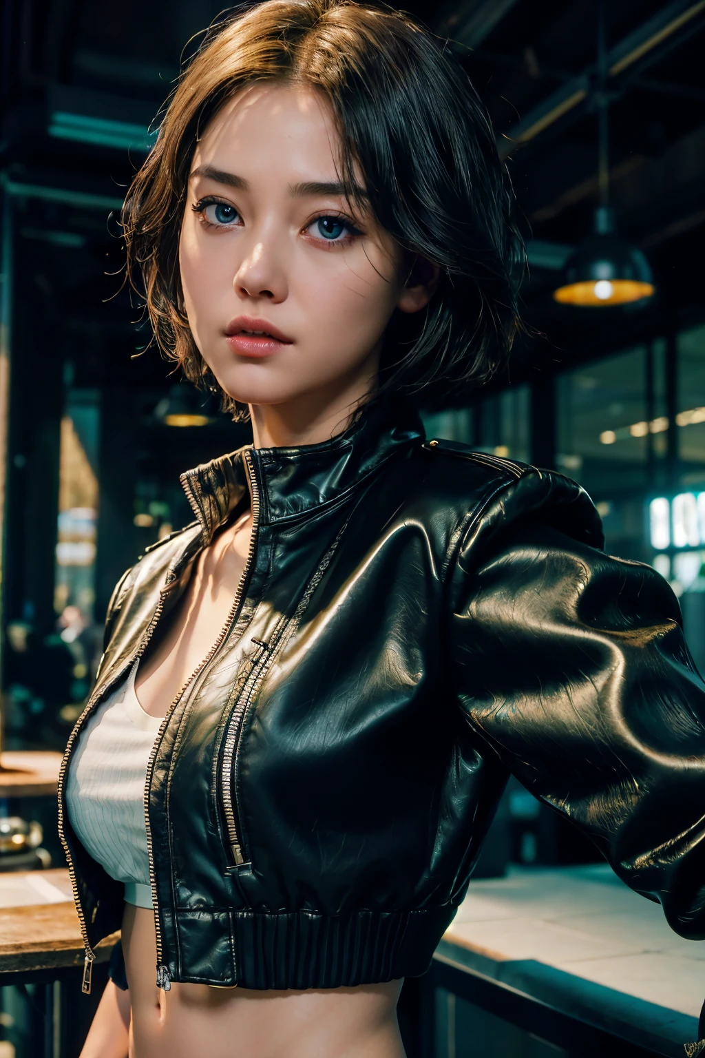 (forehead, cropped jacket, Abs, diaphragm, frown, Short hair, black hair, eyeliner:1.3), (masterpiece, best quality, beautiful quality), (realistic:1.4), (detailed lighting, very detailed 피부, very detailed 머리카락, shadow, 8k, zyozyo's drawing, 1 woman:1.2), looking at viewer, (High-key lighting), masterpiece, top quality, best quality, official art, unity 8k wallpaper, mackerel, ultra high resolution, very detailed, beautiful and aesthetic