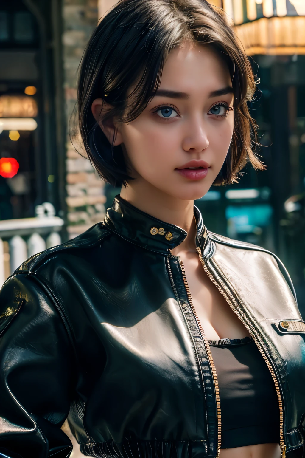 (forehead, cropped jacket, Abs, diaphragm, frown, Short hair, black hair, eyeliner:1.3), (masterpiece, best quality, beautiful quality), (realistic:1.4), (detailed lighting, very detailed 피부, very detailed 머리카락, shadow, 8k, zyozyo's drawing, 1 woman:1.2), looking at viewer, (High-key lighting), masterpiece, top quality, best quality, official art, unity 8k wallpaper, mackerel, ultra high resolution, very detailed, beautiful and aesthetic