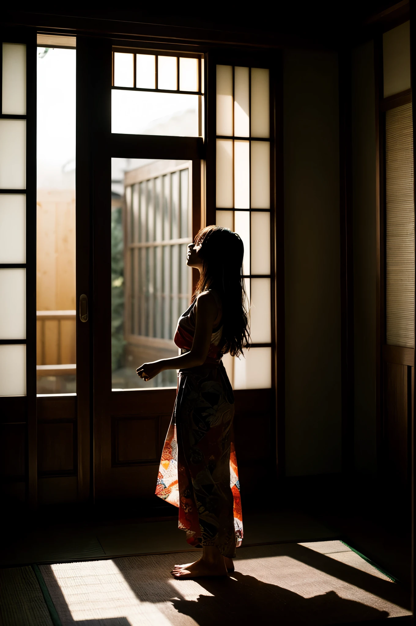 { "size": "1024x1024", "prompt": "A monochrome photograph capturing a traditional Japanese house interior with a dark, shadowy atmosphere. The scene features sliding fusuma doors on the left and right, leading to a dimly lit room. A young Japanese woman, about , is standing with her back to the camera, facing a window at the back of the room. She is wearing a casual summer yukata, typically worn for festivals, and has white, semi-long hair with bangs. She is striking a pose as if she is about to start dancing. The minimal light entering through the window creates a strong chiaroscuro effect, emphasizing the room's darkness. The overall mood is refined, focusing on the interplay of deep shadows and subtle light, giving the impression of a carefully crafted, elegant photograph." }
