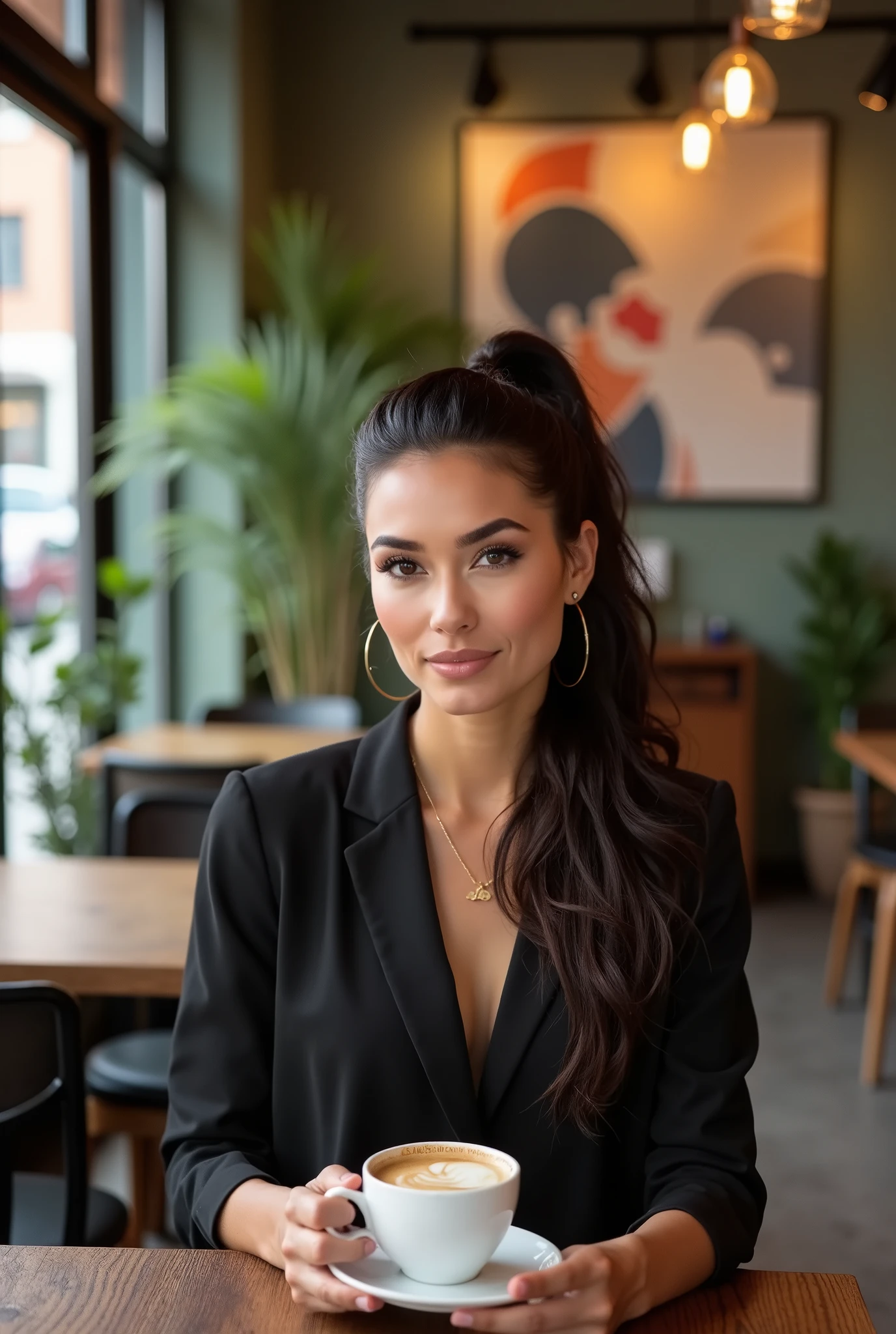 Name: Elena Martinez Description: Elena is a woman in her thirties, with a modern and elegant style. She has long, wavy dark brown hair, which she usually wears in a ponytail.