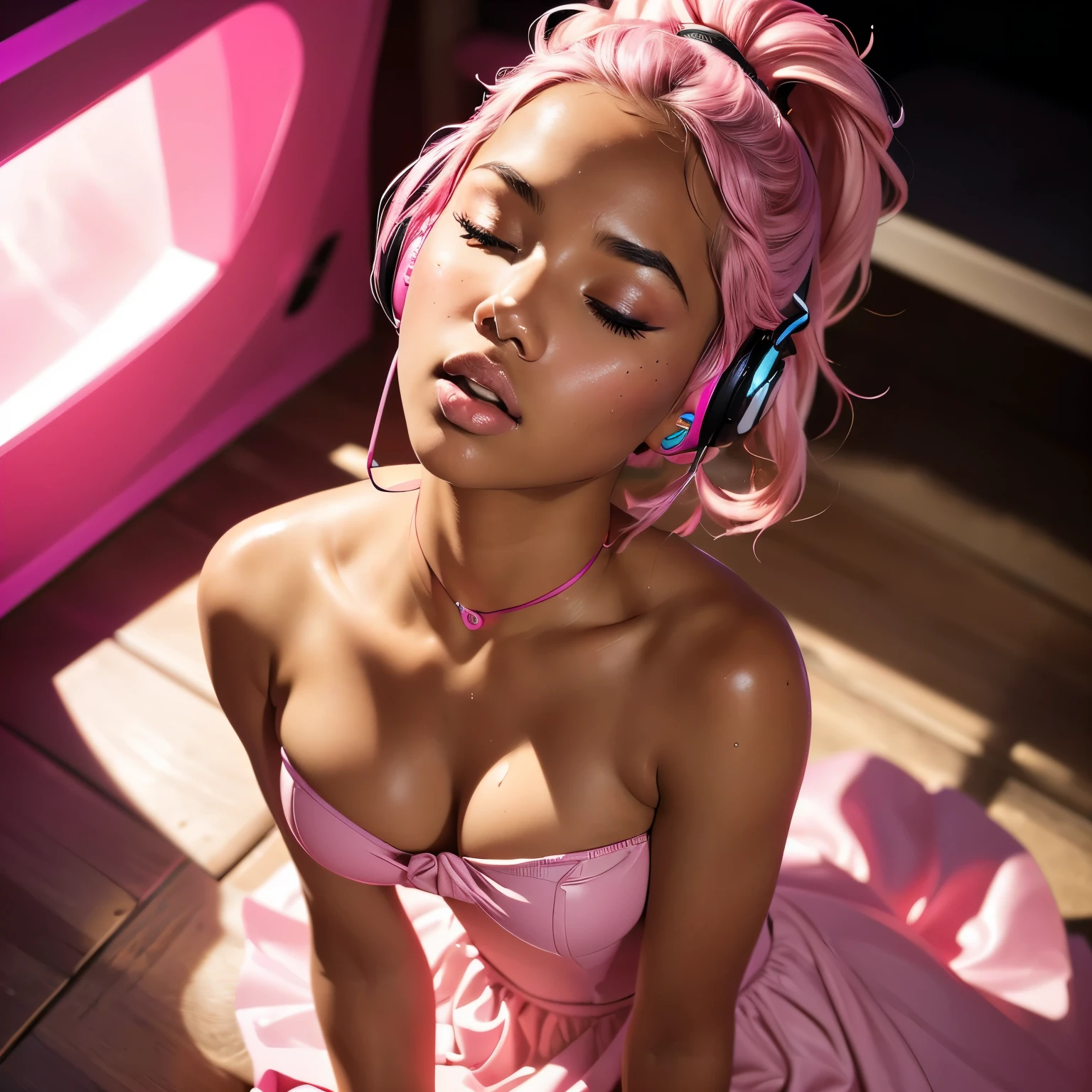 1girl, head phones, under pink bubble water, (18 years old), (Latina), dark skin, wide shot, (pink strapless dress), (Masterpiece, Professional lighting, 16k, 8k wallpaper, raw photo, photorealistic:1.8, ultra detailed, natural lighting, detailed skin sexy pose, open mouth, big lips, view from above, night time, eyes closed, pink light, steam, pink foam, action