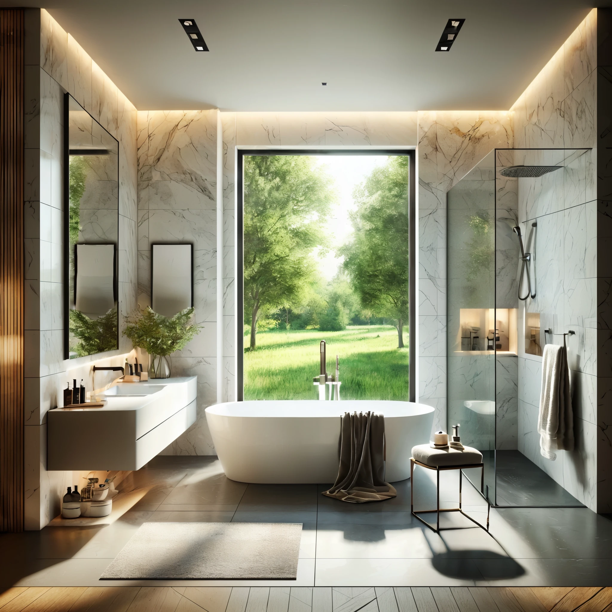 arafed bathroom with a large window and a tub in the middle, modern bathroom, natural realistic render, very realistic render, realistic physical rendering, high quality 3d render, high quality 3 d render, very realistic 3 d render, hyper realistic detailed render, high quality rendering, super realistic render vray, high-quality render, luxurious environment