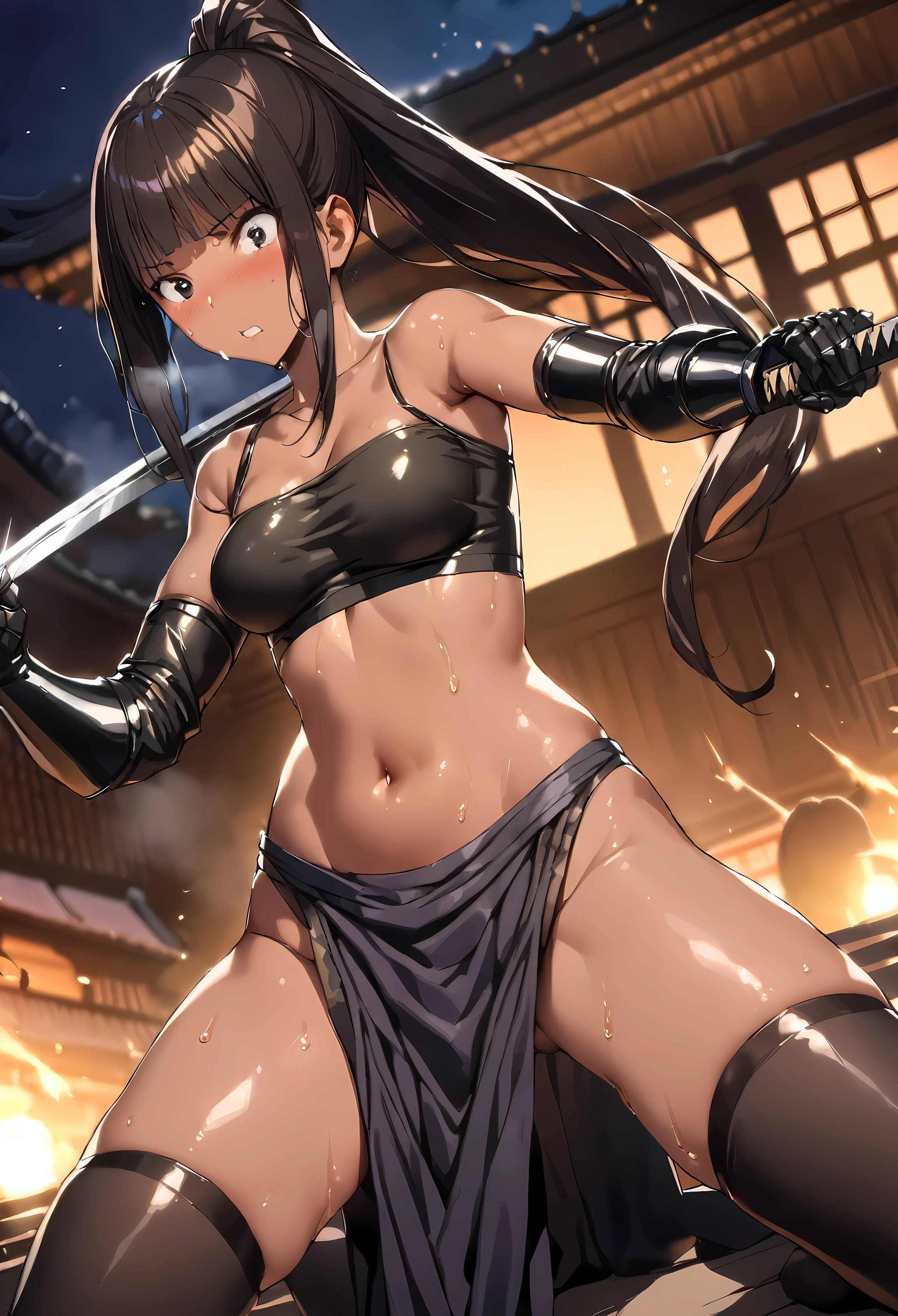 Action Scenes、((masterpiece,best quality anime,Highest quality:1.3)),realistic,cowboy shot,(25 year old beauty),Female ninja、1woman,solo,((very small head:1.4)),((very long body:1.3)),black hair,bangs,(long ponytail hair),gorgeous big eyes,black eyes,,((tan skin:1.4)),((slender body:1.3,skinny)),medium breasts,gleaming skin,shiny skin,((black loincloth:1.3,Black tube top shirt、navel、Black leather gauntlets,black_thighhighs)),Holding a Japanese sword、sweat:1.3, fighting stance、On the roof、night、Domestic、temple、