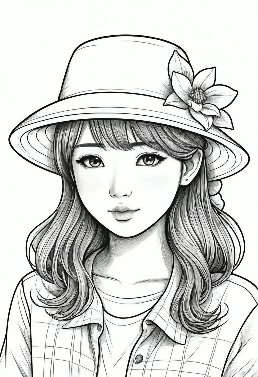kaway gardening hat kawai, cartoon style, fundo de line drawing, white background, monochrome, line drawing, ((outline)), Coloring Sharp Thick Lines. kawaii, simple and low details