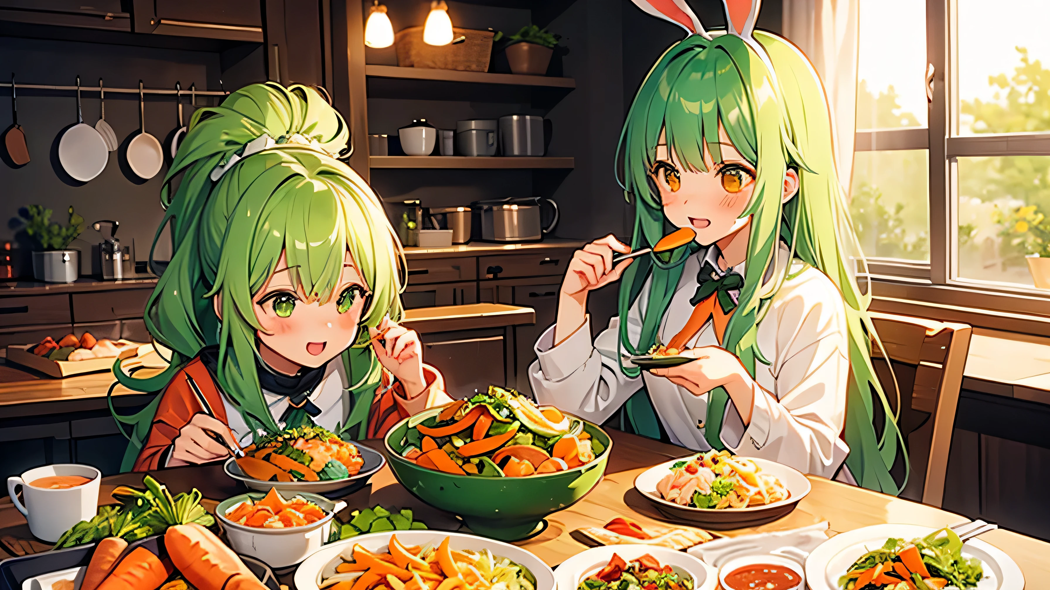 Girl、Green Hair、Lots of carrots、Carrot salad、eat、Blushing、
