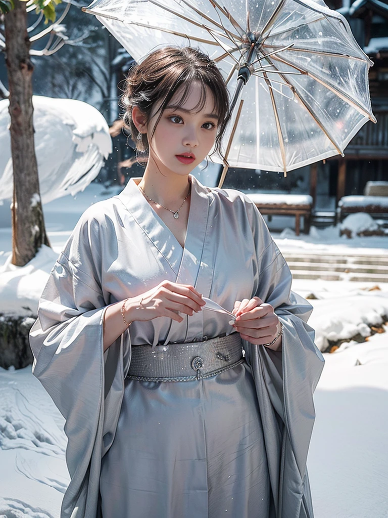 (RAW shooting, Photoreal:1.5, 8K, highest quality, masterpiece, ultra high resolution), ((((heavy snow, Blizzard)))), Highly detailed skin and facial textures:1.3, perfect dynamic composition:1.2, (In front of a shrine at night in a modern city, expression of sadness:0.9, Tears are flowing:0.9, cry with a broken heart:0.9), Slim office lady wet in the rain:1.3, cowboy shot, Fair skin:1.2, sexy beauty:1.1, perfect style:1.2, beautiful and aesthetic:1.1, very beautiful face:1.2, water droplets on the skin, (rain drips all over my body:1.2, wet body:1.2, wet hair:1.3), (Professional kimono dressing:1.1, Holding a bouquet of wet camellias:1.2, Wearing a wet silver kimono correctly:1.3), (Medium chest, Bra is sheer, Chest gap), (Eyes that feel beautiful eros:0.9, Too erotic:0.9, Bewitching:0.9), necklace, earrings, bracelet, wedding ring, Highly detailed hand and finger expressions