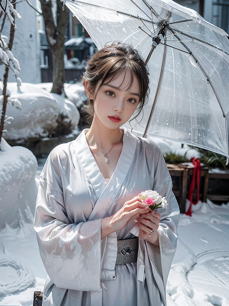 (RAW shooting, Photoreal:1.5, 8K, highest quality, masterpiece, ultra high resolution), ((((heavy snow, Blizzard)))), Highly detailed skin and facial textures:1.3, perfect dynamic composition:1.2, (In front of a shrine at night in a modern city, expression of sadness:0.9, Tears are flowing:0.9, cry with a broken heart:0.9), Slim office lady wet in the rain:1.3, cowboy shot, Fair skin:1.2, sexy beauty:1.1, perfect style:1.2, beautiful and aesthetic:1.1, very beautiful face:1.2, water droplets on the skin, (rain drips all over my body:1.2, wet body:1.2, wet hair:1.3), (Professional kimono dressing:1.1, Holding a bouquet of wet camellias:1.2, Wearing a wet silver kimono correctly:1.3), (Medium chest, Bra is sheer, Chest gap), (Eyes that feel beautiful eros:0.9, Too erotic:0.9, Bewitching:0.9), necklace, earrings, bracelet, wedding ring, Highly detailed hand and finger expressions