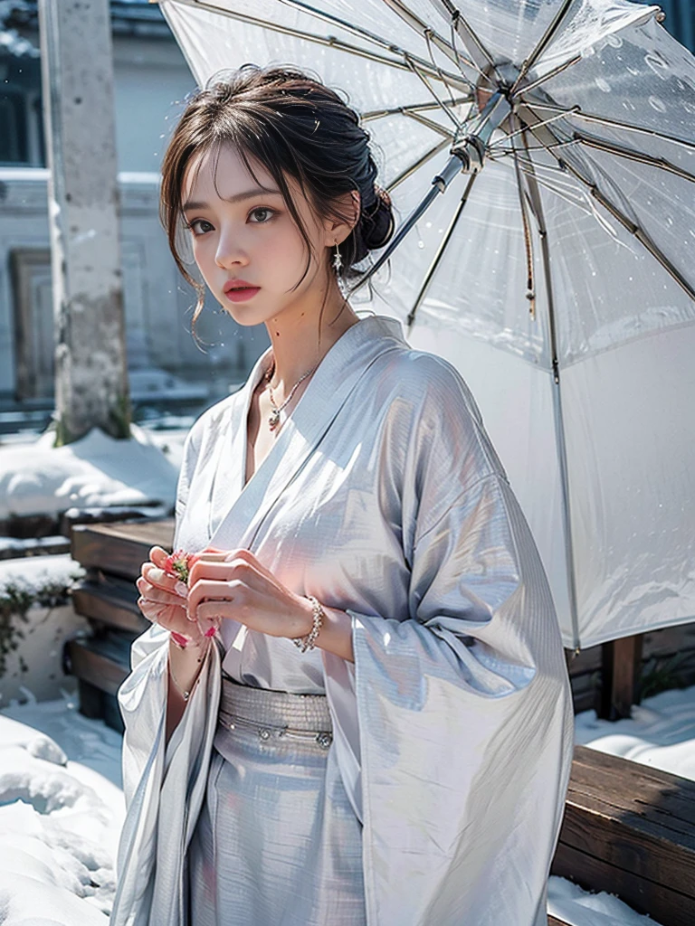 (RAW shooting, Photoreal:1.5, 8K, highest quality, masterpiece, ultra high resolution), ((((heavy snow, Blizzard)))), Highly detailed skin and facial textures:1.3, perfect dynamic composition:1.2, (In front of a shrine at night in a modern city, expression of sadness:0.9, Tears are flowing:0.9, cry with a broken heart:0.9), Slim office lady wet in the rain:1.3, cowboy shot, Fair skin:1.2, sexy beauty:1.1, perfect style:1.2, beautiful and aesthetic:1.1, very beautiful face:1.2, water droplets on the skin, (rain drips all over my body:1.2, wet body:1.2, wet hair:1.3), (Professional kimono dressing:1.1, Holding a bouquet of wet camellias:1.2, Wearing a wet silver kimono correctly:1.3), (Medium chest, Bra is sheer, Chest gap), (Eyes that feel beautiful eros:0.9, Too erotic:0.9, Bewitching:0.9), necklace, earrings, bracelet, wedding ring, Highly detailed hand and finger expressions