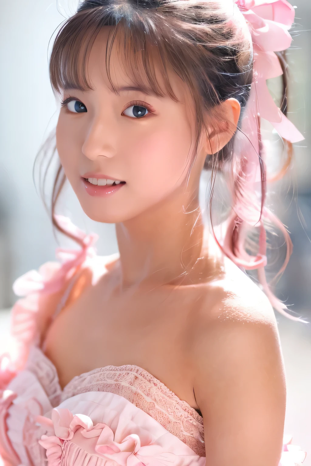 (8k、masterpiece, Highest quality, High resolution,Super Resolution,Very detailed)、Cute idol face、solo、ponytail、 (Face Shot)、A white dress with lots of frills and ribbons、A big pink hair ribbon