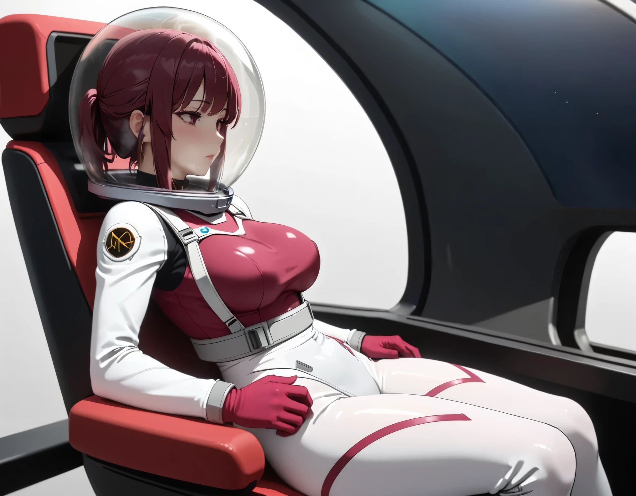 (spacesuit:1.15), white cargo pants, space helmet , , indoors, masterpiece, best quality, 1girl, solo, short hair, , , trembling, HARD TO BREATH,, , bodysuit, from side, kafka, bubble helmet, short hair, nside the (cockpit) of a (futuristic spaceship:1.6), , blush,sitting on a chair, covered navel, short hair