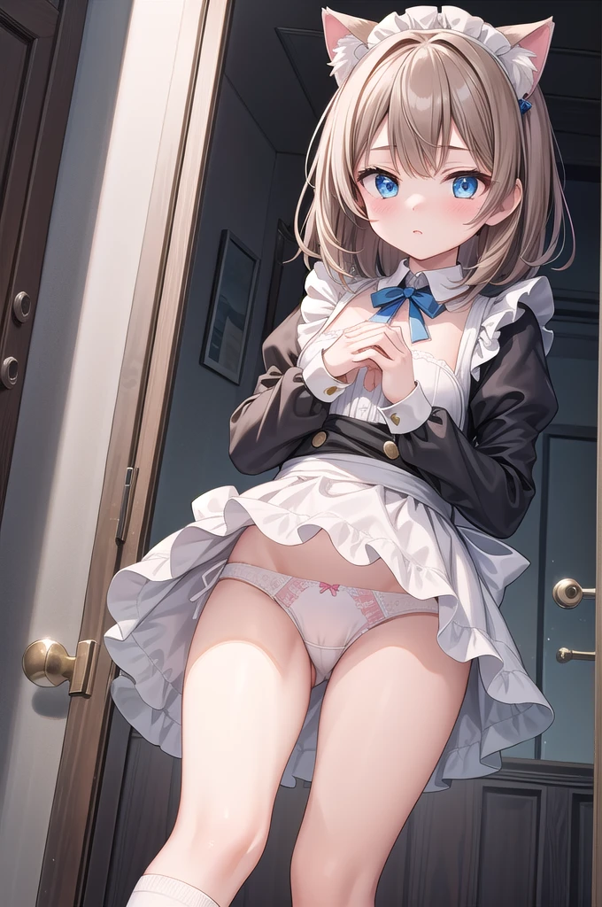 Solo Girl, 20-year-old,Medium Hair, Light brown hair, Mid-chest, highest quality, High resolution, Very detailed, Detailed Background, Perfect lighting、Extreme maid outfit、very cute, Blue eyes, a pair of cat ears, Blush, white silk socks, Lift up the skirt with your hands, Pink underwear, lace,