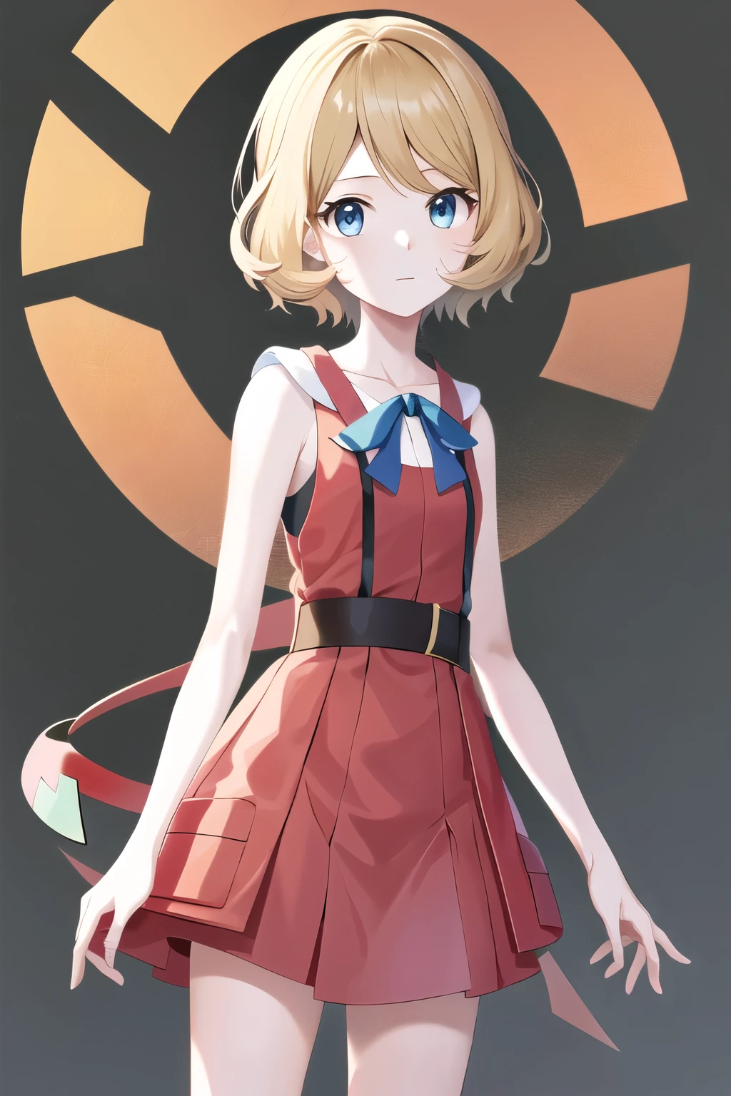 work of art, best qualityer, high resolution, serena \(Pokémon\), shorth hair, hair blonde, blue colored eyes, 1 girl, standing alone, ribbon blue, eyelash, neck ribbon, sleeveless, bangss, clavicle, bare arms, pink dress , red tailcoat, white background, 正面, No scenario, gazing at viewer,trunk, visualizador de 正面, solid color background, clean background, De 正面 para a câmera, high resolution, calm and expressionless face, white background, looking away