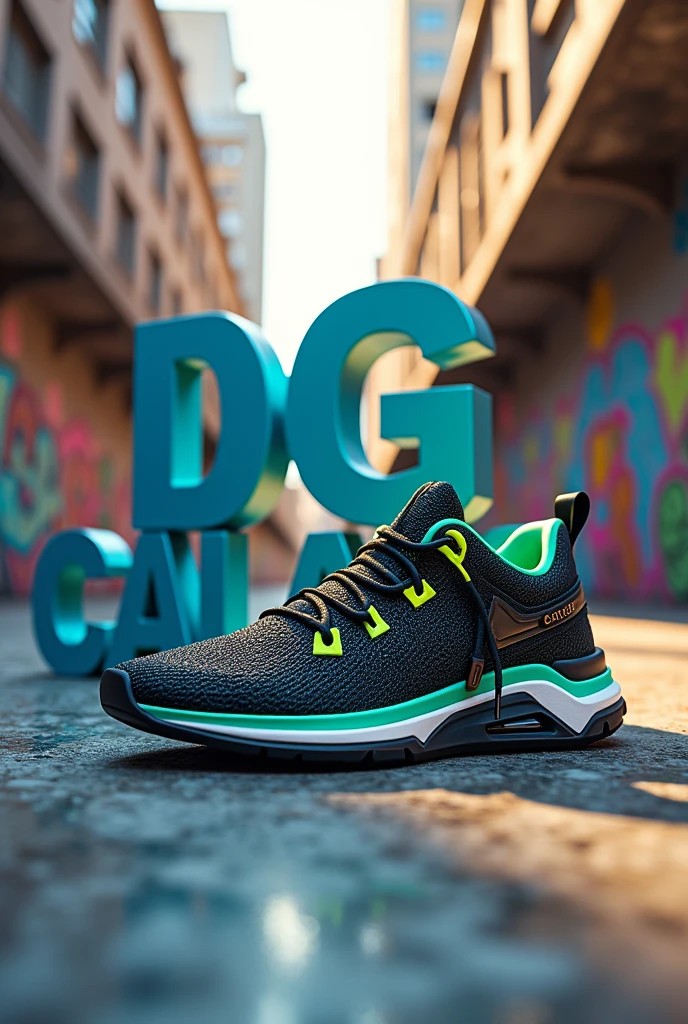 Create a 3D name written DG CALÇADOS and a sneaker 
