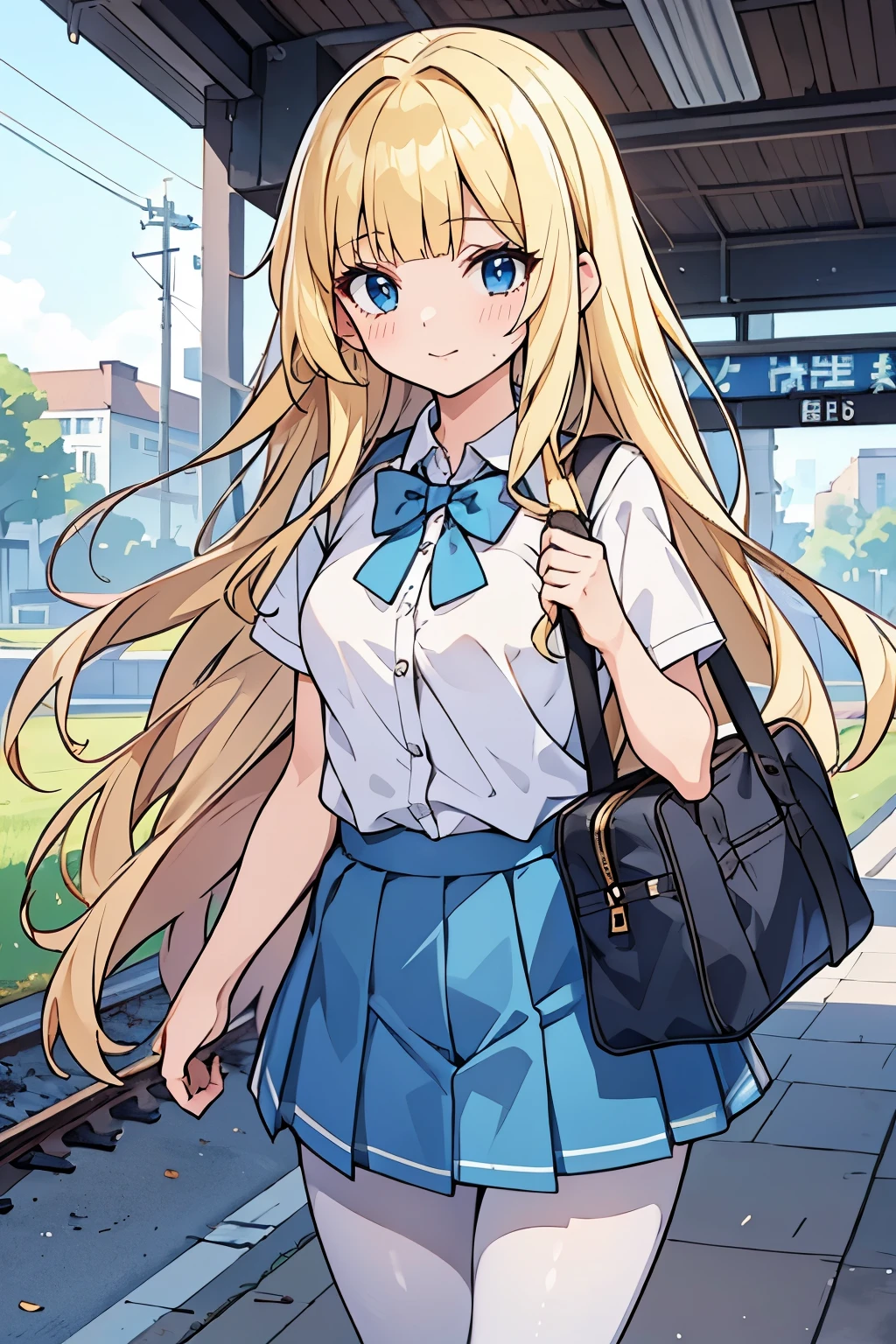 Young adult girl, best quality, 1 girl, female figure, yellow hair, blunt bangs, extra long hair, crystal blue eyes, golden blonde hair, voluminous hair, disheveled wavy hair, cute girl, (medium small breasts), (young female body: 1.4) embarrassed girl, humiliated expression , insecure, school unifrom, blue skirt, light blue pleated skirt, train station, holding one school bag, white pantyhose, going on a field trip