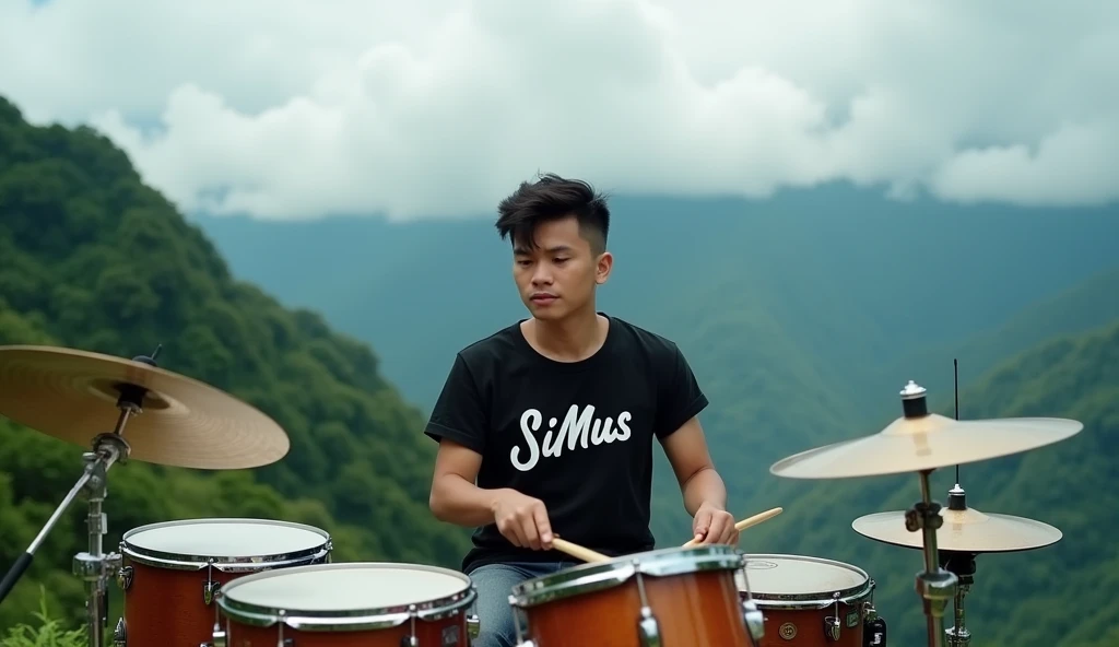 A stunning cinematic photo of a talented Indonesian drummer, casually dressed in a black "SiMus" t-shirt, showcasing his professional skills amidst a breathtaking mountainous landscape labelled "TanoH Gayo". The sky above is partly cloudy, and the surrounding greenery complements the musician's talent and passion. Playing the drums along with a set of other instruments in the style of a professional drummer, blending into the landscape, creating a harmonious blend of nature and art.