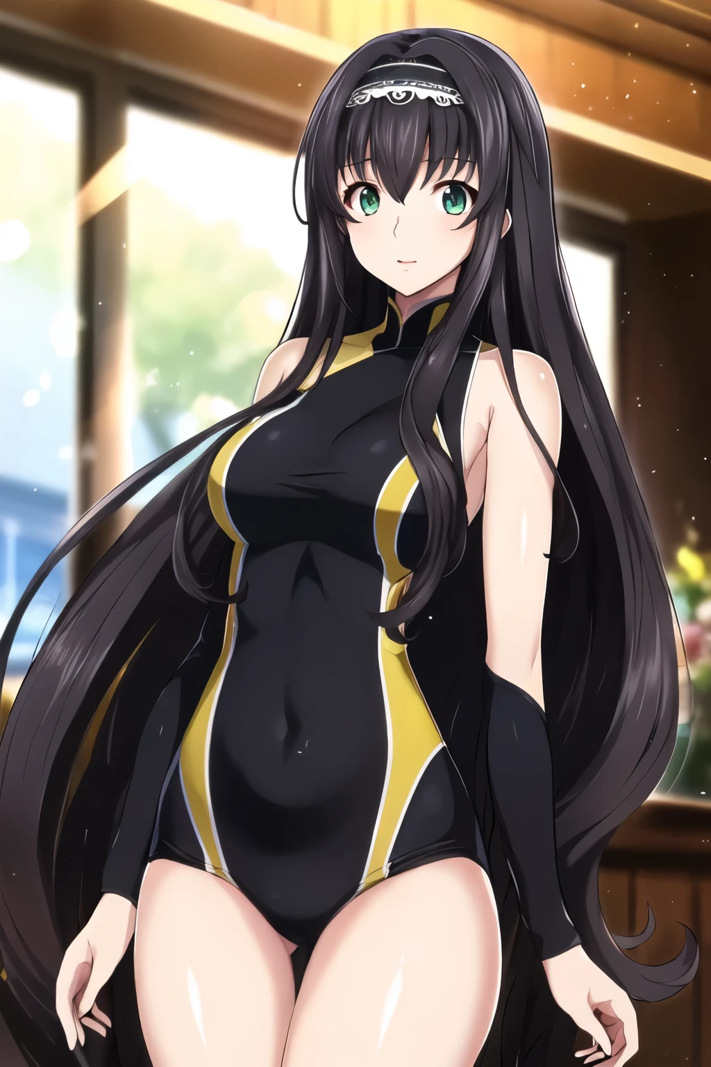 black_hair,length_hair,green_eye,前hair, hairband, swimming suit, looking back, 1 person, 20-year-old,young woman,beautiful Finger,beautiful length legs,beautiful body,beautiful Nose,beautiful character design, perfect eye, perfect face,expressive eye, Center the image,(Light_笑face:0.5), Official Art,Very detailed CG ユニティ 8k 壁紙, perfect Lighting,colorful, bright_front_face_Lighting,Glowing Skin, (masterpiece:1.0),(Highest_quality:1.0), 超High resolution,4K,Very detailed, photograph, 8k, High resolution, High resolution, Absurd:1.2, 400 for Kodak Port, Film Grain, Blurred Background, Bokeh:1.2, Lens flare, (Vibrant_color:1.2) (beautiful,big_chest:1.0), (beautiful_face:1.5),(narrow_Waist)