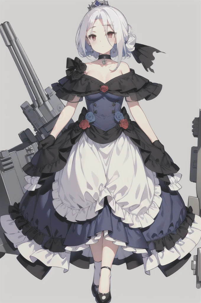 Vittorio_Veneto \(warship girls r\),((masterpiece)),(((best quality))),((ultra-detailed)),((illustration)),((disheveled hair)),((frills)),(1 girl),(solo),1girl,masterpiece,(8k, best quality, masterpiece:1.2),highly detailed,ultra-detailed,masterclass,best quality,illustration,hair_between_eyes,perfect lighting,blue butterfly hair ornament,((Blue hair)),White hair,(dark blue high-heeled shoes,dark blue long dress,dark blue choker,dark blue bow veil,tiara, red eyes)realistic,Red eyes with highlights,White short hair(delicate eyes),twintails,