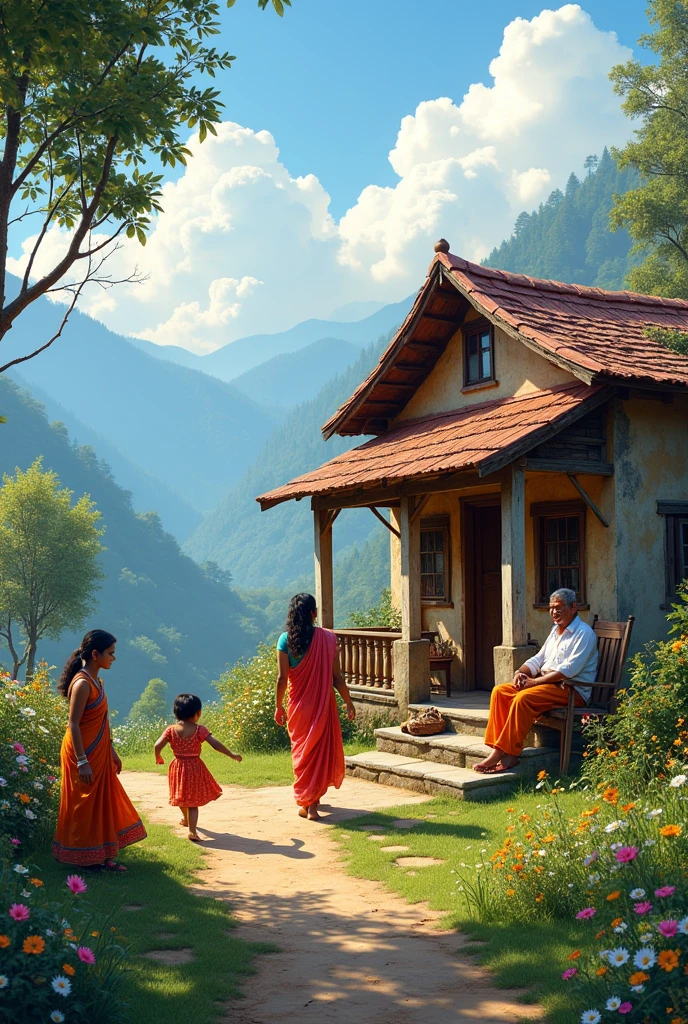 A common Indian men lives in village in the hill station, beautiful wife, 2 daughters, old parents, sitting outside the house