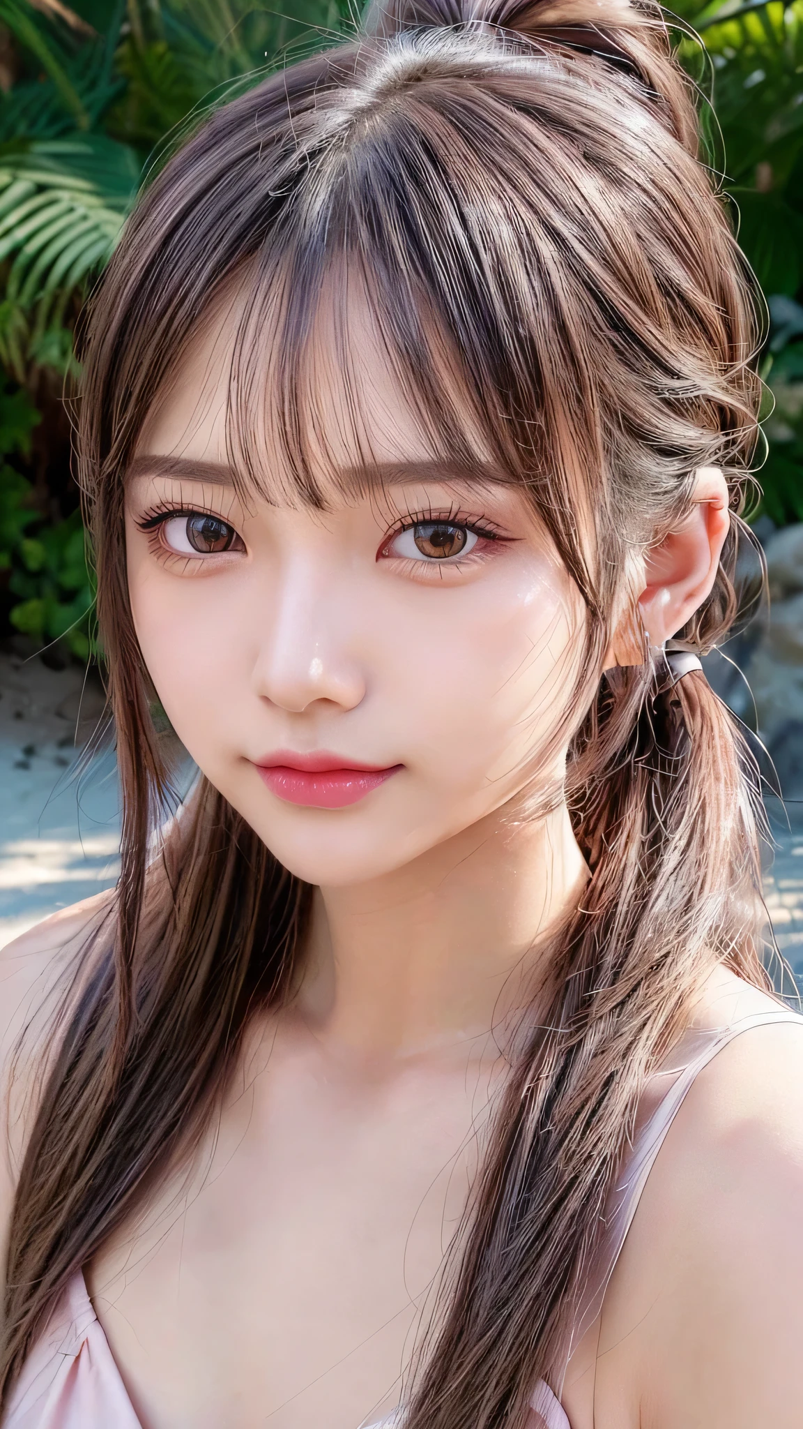 body shot,Outdoor,Pink micro bikini,resort Beach,Ultra-detailed, finely detail, hight resolution, 8K Wallpaper, Perfect dynamic composition, Beautiful detailed eyes,,Close-up of face,,Blushing,Facing forward,Long hair ponytail,((8k, Raw photo, Best Quality, Mastepiece:1.2), (Realism, Photorealistic:1.4), (Highly detailed 8K wallpapers), Depth of written boundary, Cinematic Lighting, Soft Light, Detailed Beauty Eye,Shiny and smooth light brown ponytail, Asymmetrical bangs, Shiny skin, Ultra-detailed skins ,It is high resolution., High detail, Detailed hairstyle, Detailed facial beauty, Hyper-realistic, Perfect limbs, Perfect Anatomy ,Of Japanese,Famous Japanese Idols, Perfect female body,A shy smile,Short eyelashes,Double-edged eyelids,Look straight here,Hair style: ponytail,