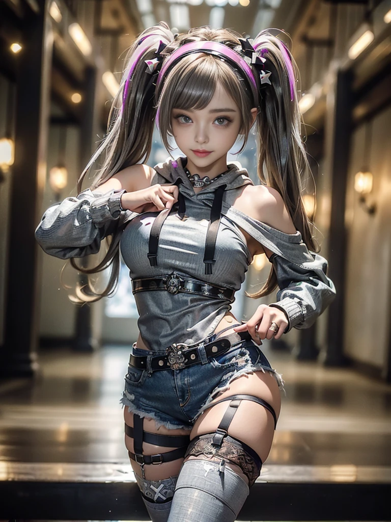 (Smiling with teeth showing:1.3),(Shibuya Gal:1.5)、(Stewardess Uniform:1.3)、(Fashion in the style of Gothic Lolita:1.5)、(Punk rock visual kei:1.4)、Shiny black leather jacket and pants、(Wearing silver accessories:1.5)、(Denim Color:1.4)、(black leather garter belt:1.4)、(Brown Skin Belt:1.3)、(Black lace underwear:1.5)、20-year-old、Browsing Caution、((Highest quality、In 8K、masterpiece:1.3))、Sharp focus:1.2、(Layered Cut、Huge boobs:1.1),Beautiful woman with perfect figure:1.4、(Dance vigorously:1.3)、Slim Abs:1.2、Highly detailed face and skin texture、Detailed eyes、double eyelid,(Twin tails:1.3)、(Brownish golden hair:1.3)、Idol Sculpture、(The background is the Takarazuka Revue stage..:1.3)、(The body is slim:1.2),(Slimming your legs:1.4),(clavicle:1.1)