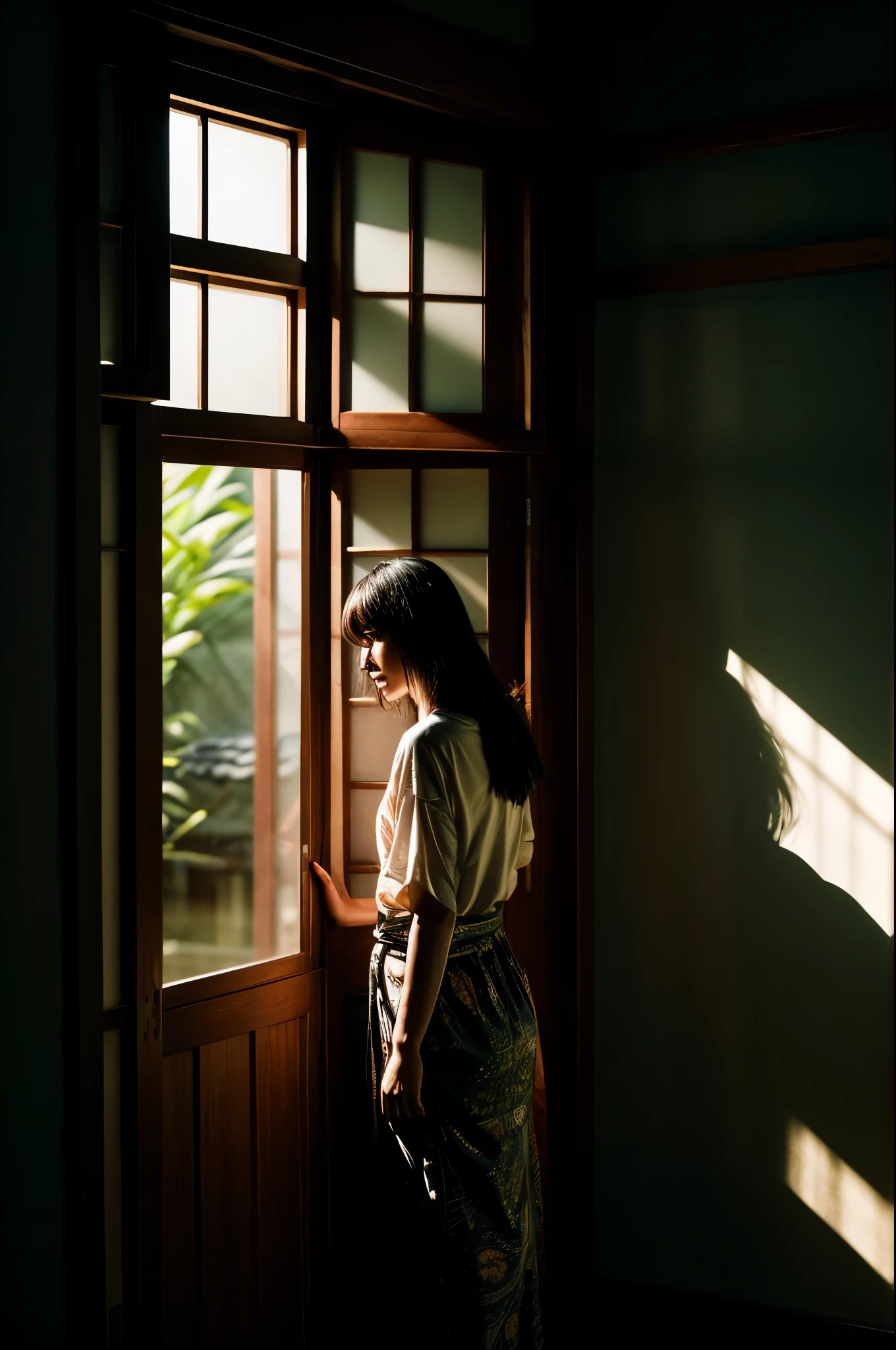 { "size": "1024x1024", "prompt": "A monochrome photograph capturing a traditional Japanese house interior with a dark, shadowy atmosphere. The scene features sliding fusuma doors on the left and right, leading to a dimly lit room. A young Japanese woman, about , is standing with her back to the camera, facing a window at the back of the room. She is wearing a casual summer yukata, typically worn for festivals, and has white, semi-long hair with bangs. She is striking a pose as if she is about to start dancing. The minimal light entering through the window creates a strong chiaroscuro effect, emphasizing the room's darkness. The overall mood is refined, focusing on the interplay of deep shadows and subtle light, giving the impression of a carefully crafted, elegant photograph." }