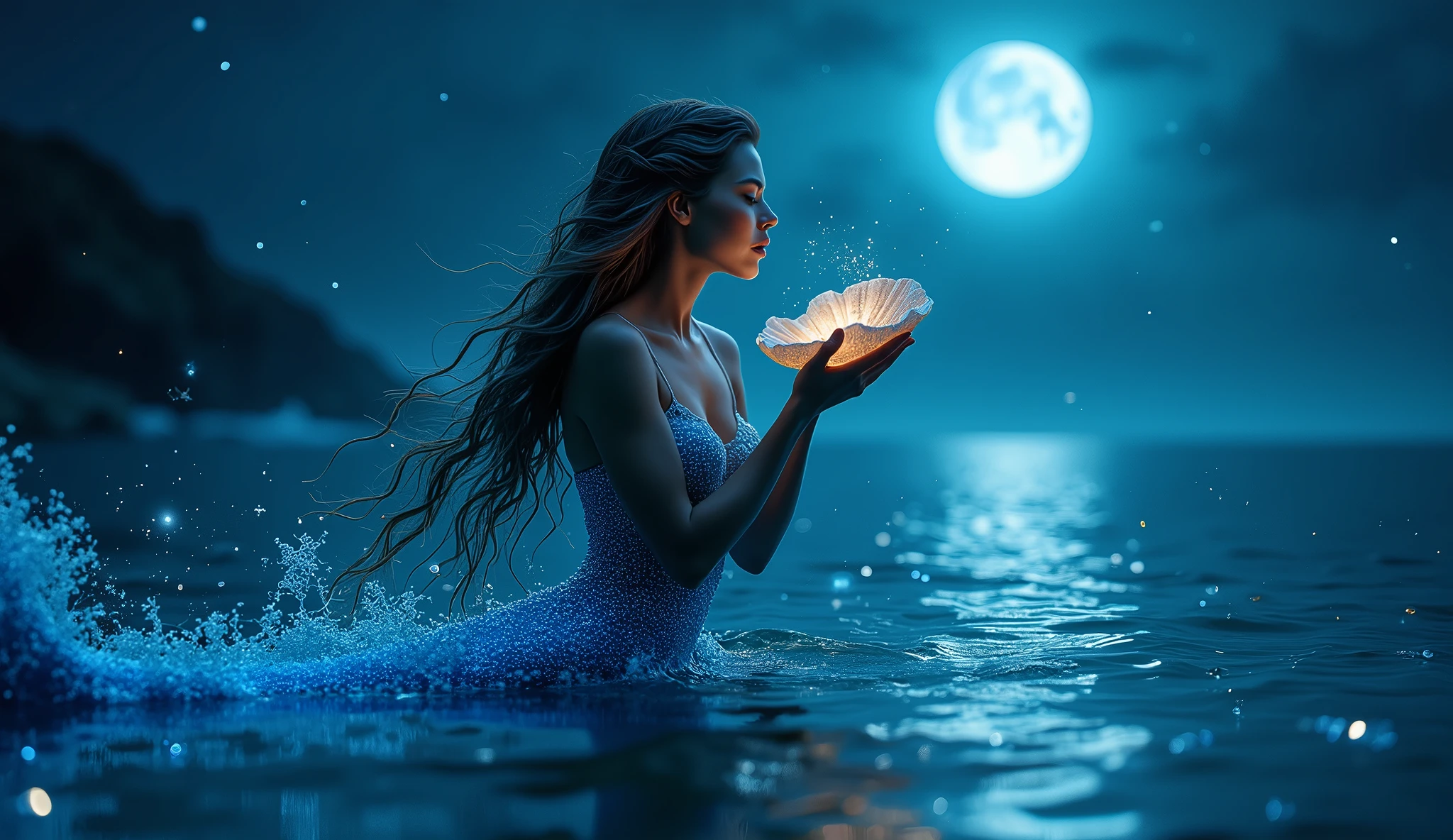 Serenade of the Deep: A seductive mermaid with deep blue scales and piercing eyes, emerging from the ocean depths. She holds a conch shell to her lips, playing a soft, soothing tune that echoes through the night. The scene is bathed in the soft glow of bioluminescent sea creatures, with the calm sea reflecting the starry sky above.