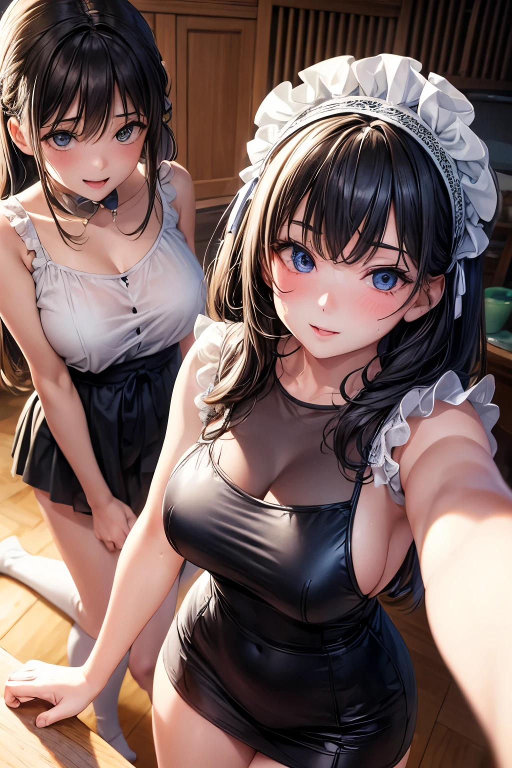 (8k, raw photo, masterpiece, extremely detailed, best quality), (close up models:1.2), BREAK (2 girls:1.5), sfw, beautiful and adorable girl, high quality, (they are looking up the viewer), 18 years old girls, lewd smile, bitch, lewd, blush, (2 girls beg the viewer to have sex with herself competitively:1.3), (they have very strong sexual desire), sweat drop, shame, drool, BREAK casual clothes