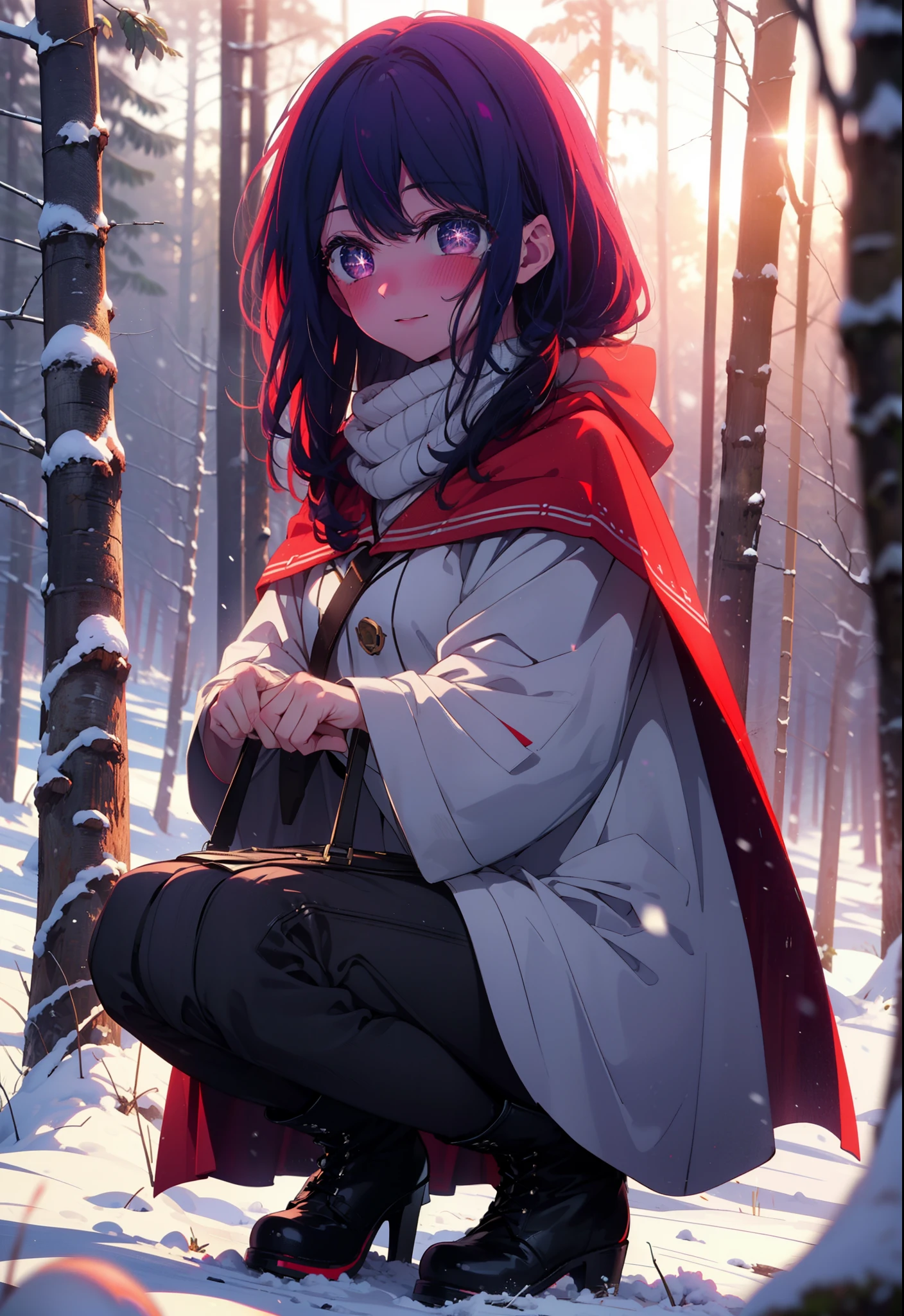 aihoshino, Ai Hoshino, Long Hair, bangs, (Purple eyes:1.1), Purple Hair, (Symbol-shaped pupil:1.5), smile,,smile,blush,white breath,
Open your mouth,snow,Ground bonfire, Outdoor, boots, snowing, From the side, wood, suitcase, Cape, Blurred, , forest, White handbag, nature,  Squat, Mouth closed, Cape, winter, Written boundary depth, Black shoes, red Cape break looking at viewer, Upper Body, whole body, break Outdoor, forest, nature, break (masterpiece:1.2), Highest quality, High resolution, unity 8k wallpaper, (shape:0.8), (Beautiful and beautiful eyes:1.6), Highly detailed face, Perfect lighting, Extremely detailed CG, (Perfect hands, Perfect ???????),