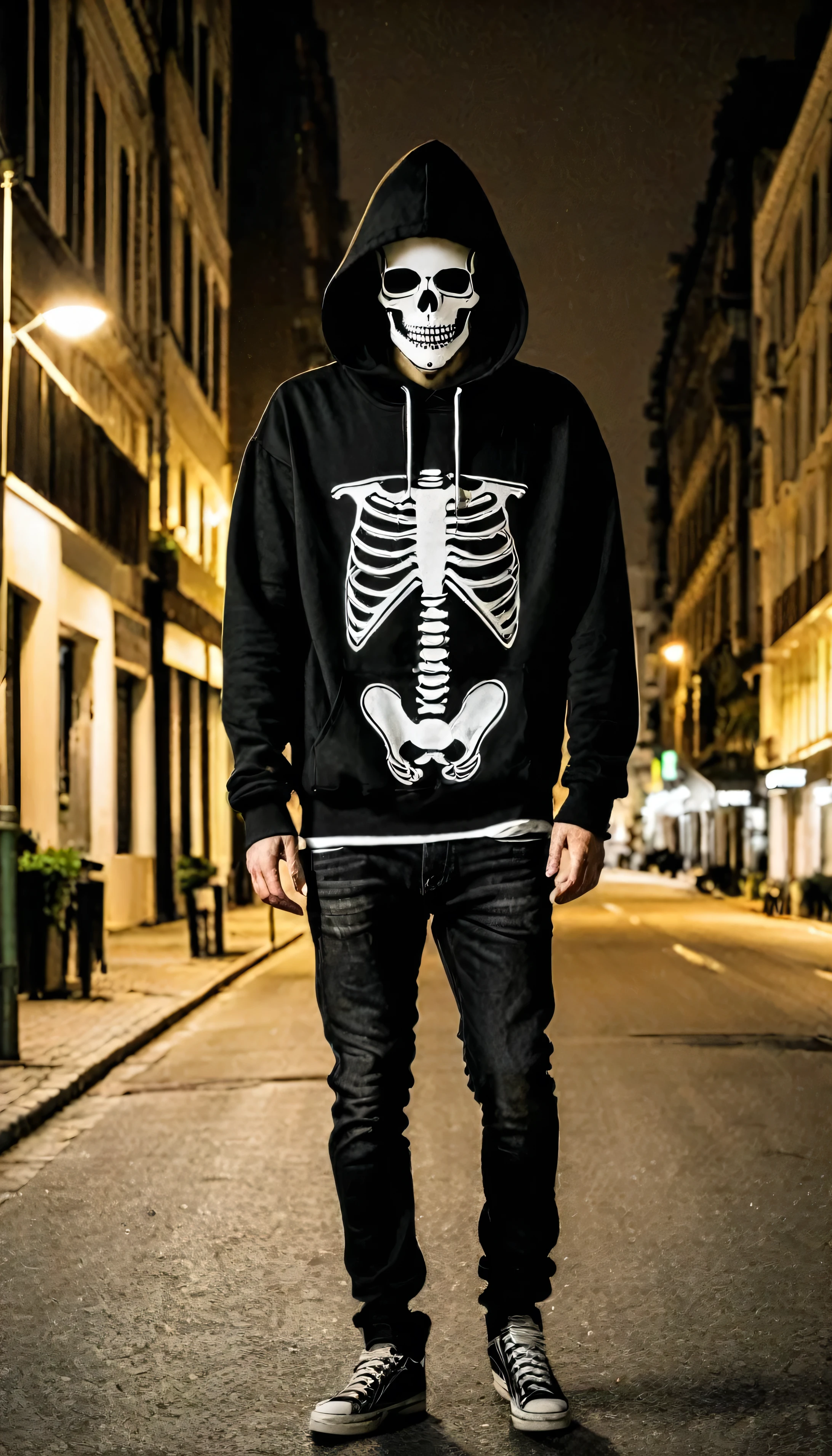 a skeleton wearing black hoodie and jeans was walking at a lonely road in a city at night time 