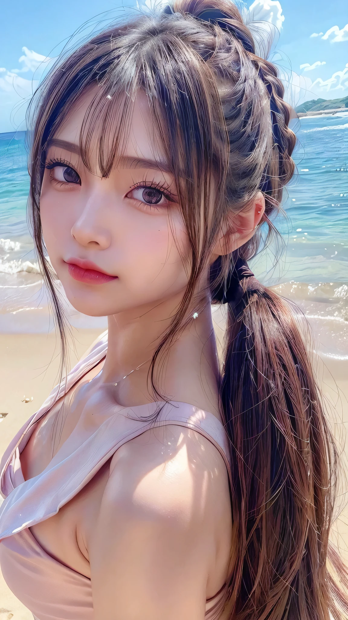 body shot,Outdoor,Pink micro bikini,resort Beach,Ultra-detailed, finely detail, hight resolution, 8K Wallpaper, Perfect dynamic composition, Beautiful detailed eyes,,Close-up of face,,Blushing,Facing forward,Long hair ponytail,((8k, Raw photo, Best Quality, Mastepiece:1.2), (Realism, Photorealistic:1.4), (Highly detailed 8K wallpapers), Depth of written boundary, Cinematic Lighting, Soft Light, Detailed Beauty Eye,Shiny and smooth light brown ponytail, Asymmetrical bangs, Shiny skin, Ultra-detailed skins ,It is high resolution., High detail, Detailed hairstyle, Detailed facial beauty, Hyper-realistic, Perfect limbs, Perfect Anatomy ,Of Japanese,Famous Japanese Idols, Perfect female body,A shy smile,Short eyelashes,Double-edged eyelids,Look straight here,Hair style: ponytail,