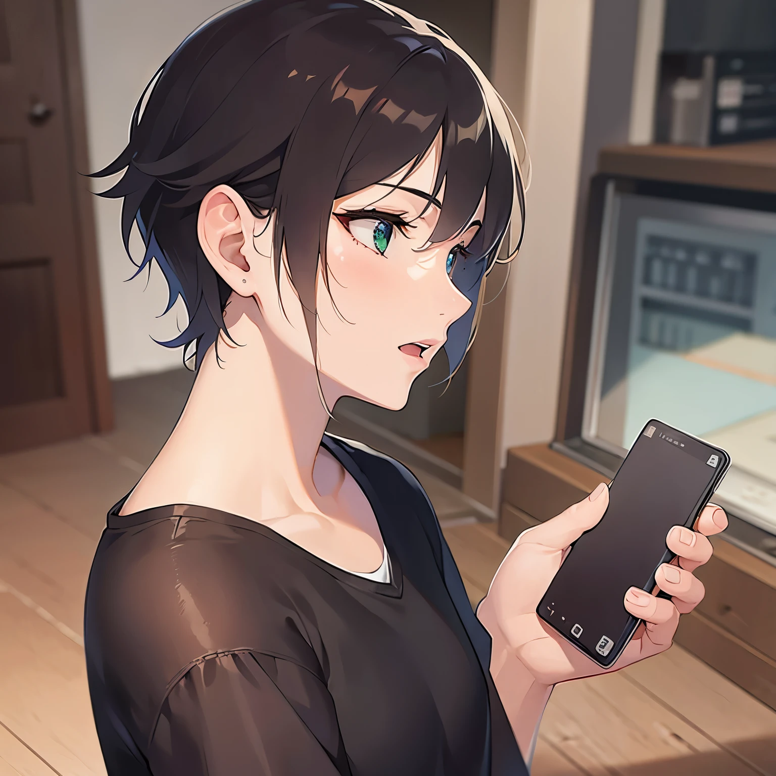 (25-year-old male:1.5) and (Brown short hair) and (Green Eyes), (looking away:1.5),upper body、 (talking on the smartphone:1.5),(handling_smart_phone, smart_phone:1.2)、
shiny skin, masterpiece、Highest quality、
(black T-shirts:1.5) 、
confused、open mouth,The background is the living room、(alone:1.5)