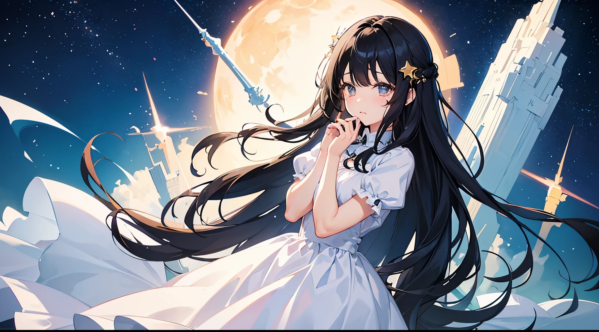 Cute illustrations、Girl、Black Hair、Half crying、My eyes are watering、Wearing a dress、一人のGirl、The background is a starry sky
