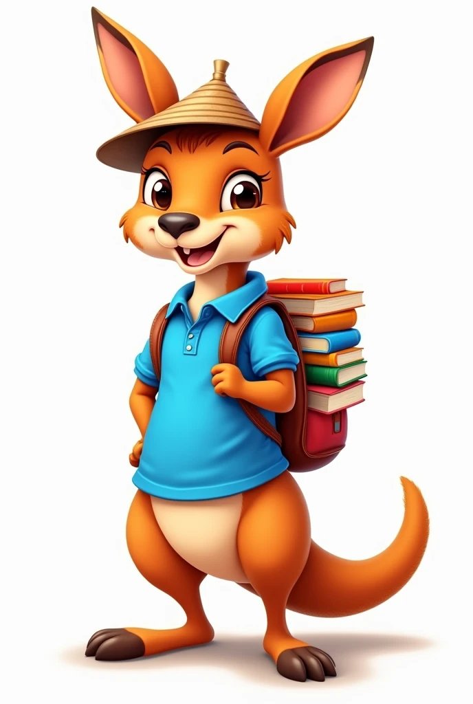 #CONTEXT
You are a professional cartoon character drawing person.
#INSTRUCTIONS
You create a picture of a kangaroo wearing a Vietnamese conical hat. That kangaroo is wearing a blue polo shirt., smiling face. The kangaroo is wearing a backpack and carrying books.
#DATA
Style is cartoon, colored image, no background, simple color, character expression cheerful.
#REQUEST RESULT
No background. still image. No shadow. Frame ratio 1:1
