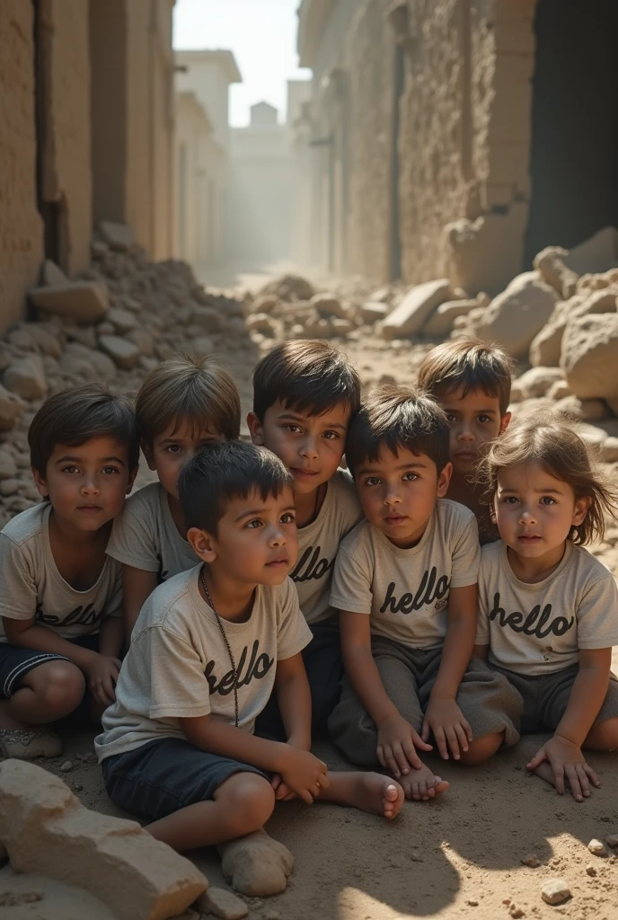 Children in the Middle East are suffering from war，Wearing a very large adult T-shirt，It looks very ill-fitting，The T-shirt says "hello"，Some of the children were lying on the ground，Some hide in the broken corners，The expression on his face showed fear and terror.