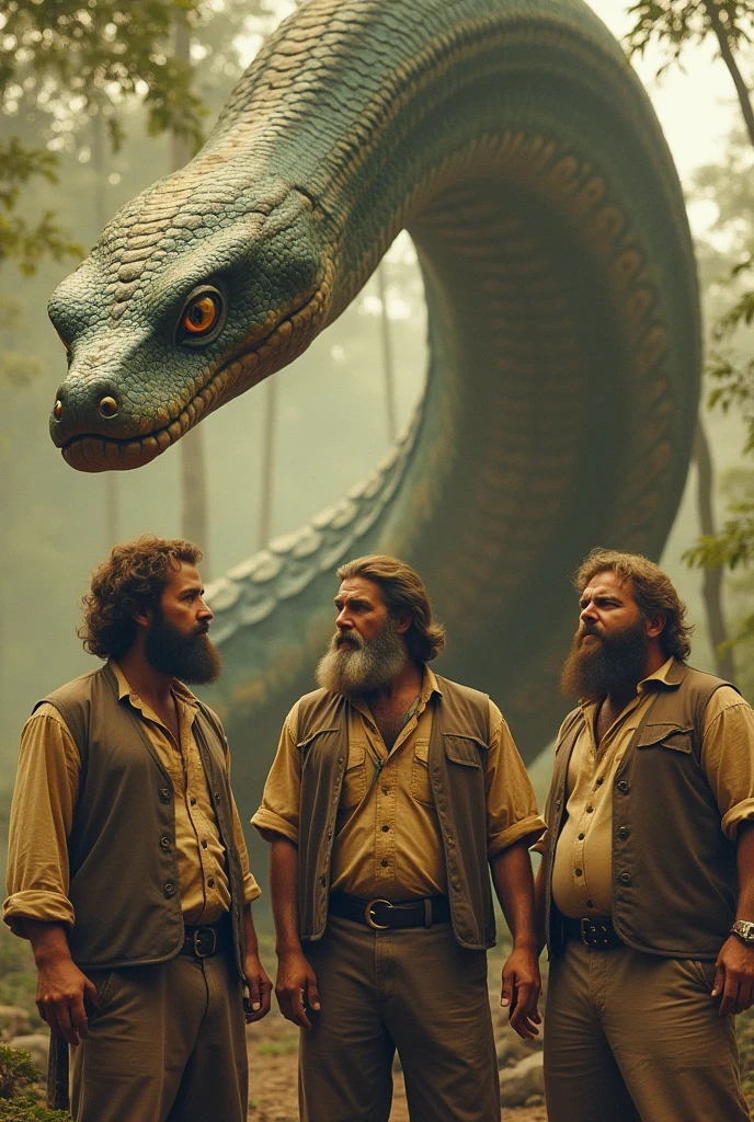 Create an image with an old aesthetic, in a yellowish tone, resembling a photograph from the 19th century. into the image, show a group of four bearded men, wearing simple, worn-out clothes, like shirts, vests and thick pants, typical of the time. They stand beside a gigantic and unusual creature, Like a colossal serpent. The serpent must have brilliant scales, mesmerizing eyes and a body that wraps around a large tree, displaying its immense size. The men's expressions should mix fascination and apprehension in the face of this mythical creature. The scene should convey an atmosphere of mystery and discovery, as if these men had encountered a legendary serpent in an age when the unknown aroused great curiosity."