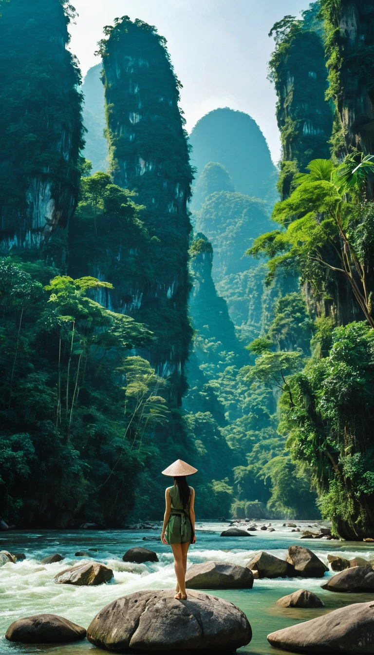 araffe girl standing on a rock in a river surrounded by trees, karst pillars forest, mountains river trees, majestic nature scenery, jungles of vietnam beautiful, stunning nature in background, chinese landscape, forest and river, very beautiful scenery, beautiful jungle landscape, amazing landscape, trees and cliffs, . background: jungle river, mountainous jungle setting, beautiful jungle