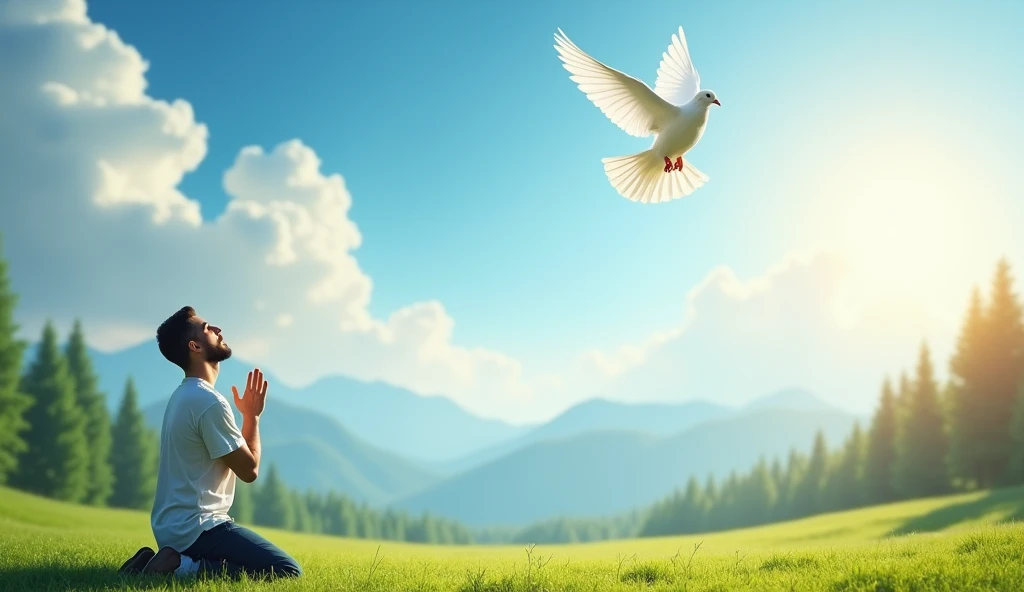 Realistic white dove flying towards a man praying.