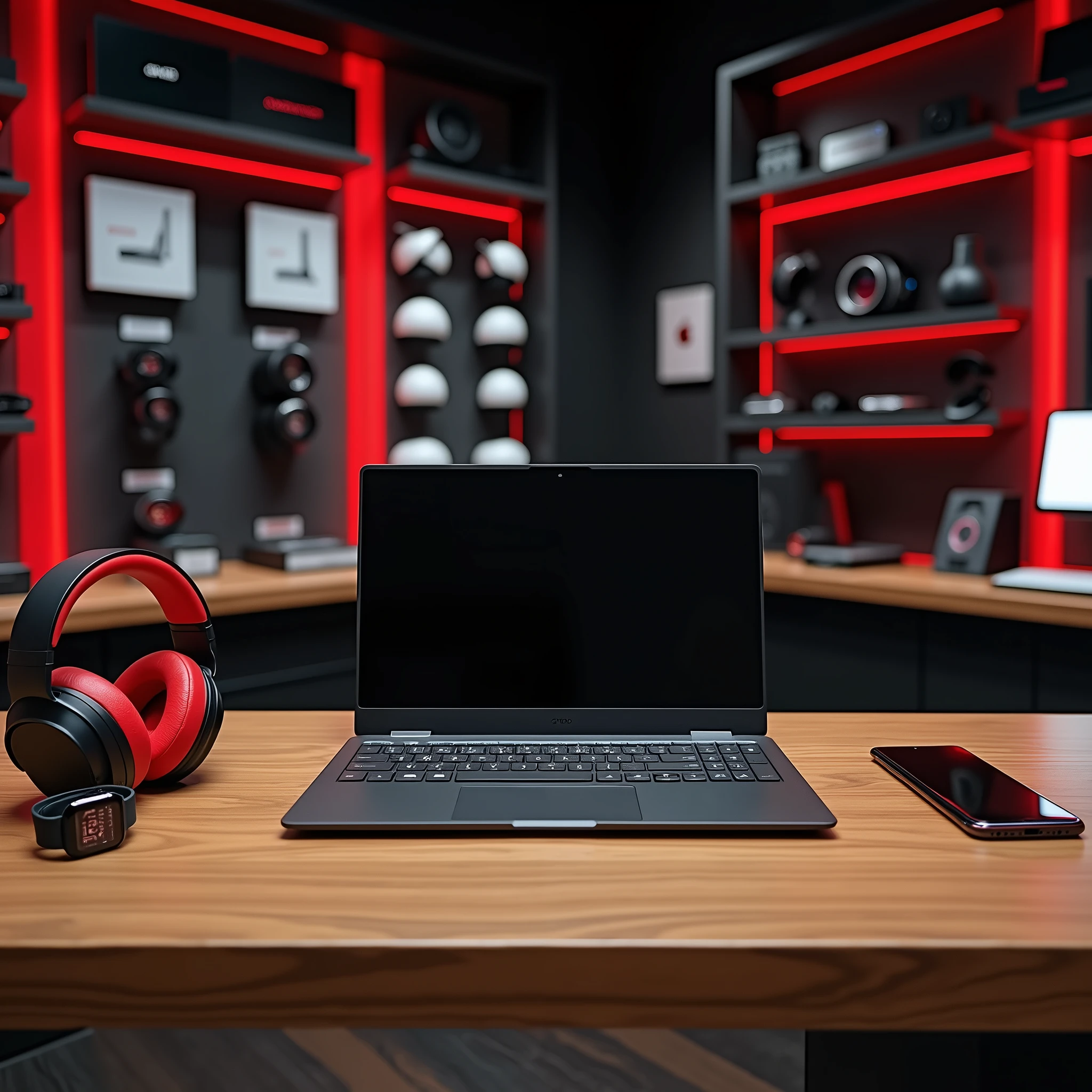 basically i have laptop shop need image laptop with all accessories
like headphone watches mobile etc
add red and black shade
