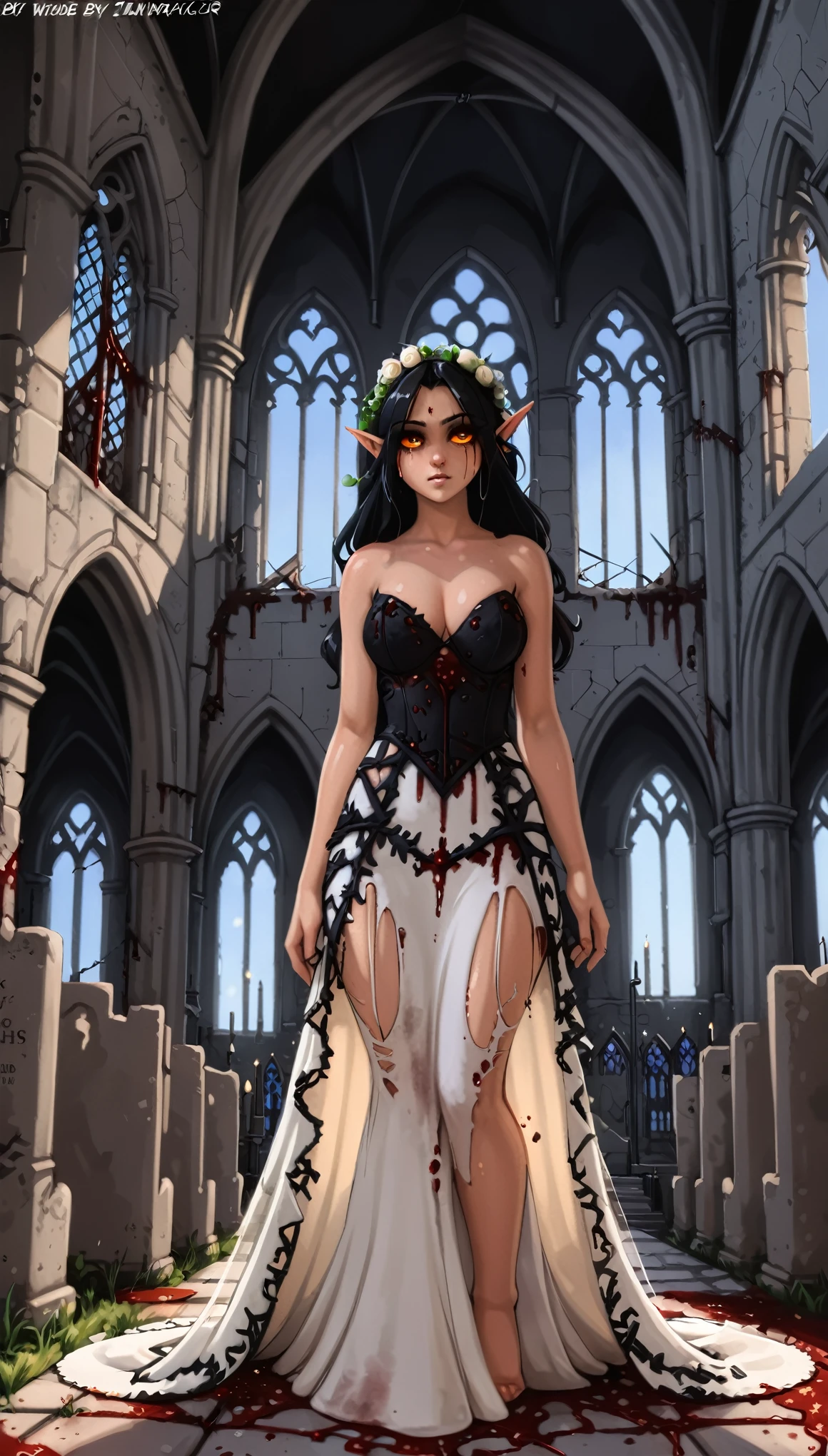 front view, best quality,  wide shot, 

girl elf, breasts, hips, old black death thorned wedding dress, (character concept adopt), old creepy destroyed ruined gothic church, (blood tears from eyes:0.75),

[by Alex Timmermans:by jaynaylor:0.25],
detailed background, detailed foreground, depth of field, ambient silhouette, backlighting,

