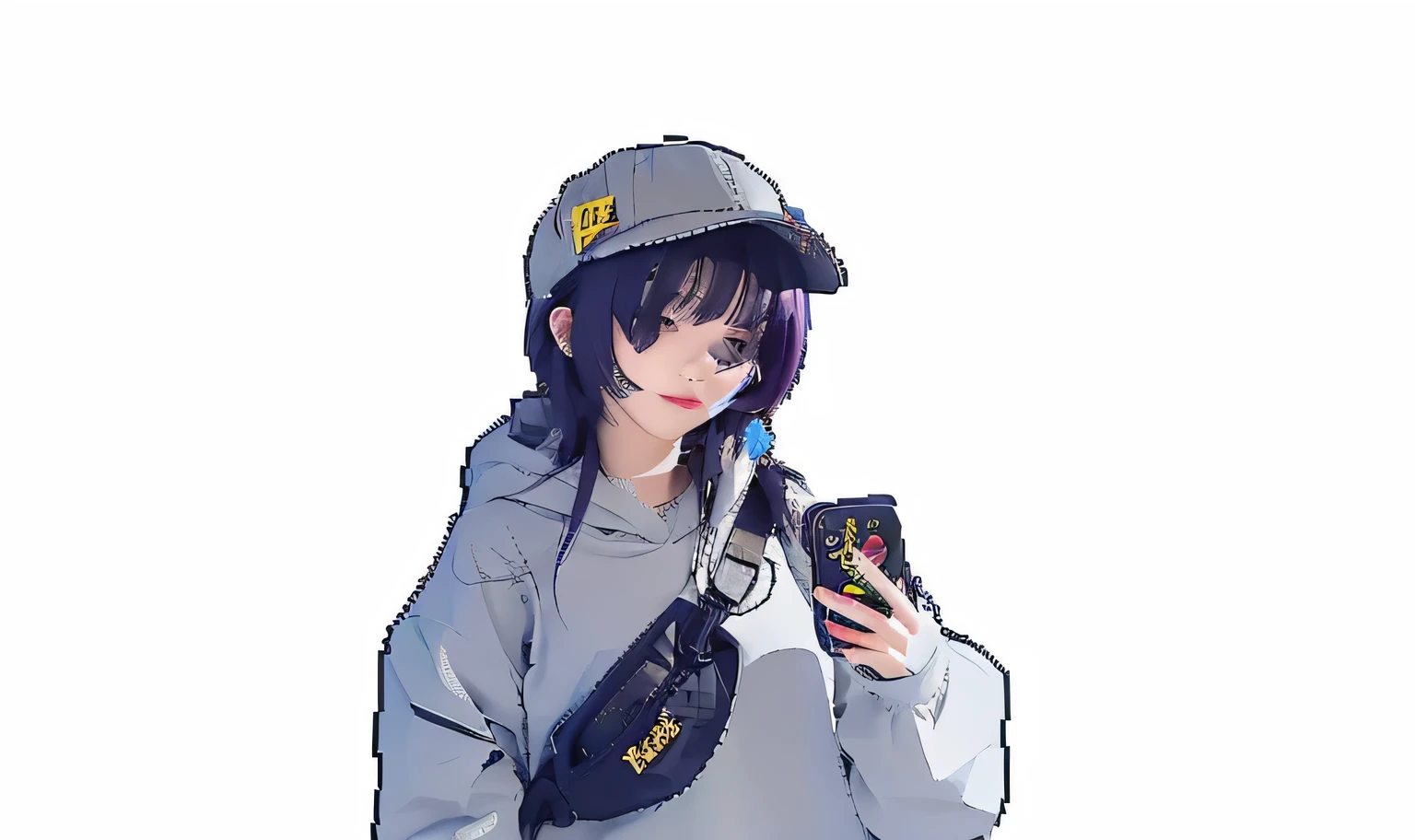 Japanese woman in her early 20s、Gray cap、For hats「iron」Yellow pin badge with the letter、Purple medium hair、With bangs、Her right ear is sticking out from between her hair.、She has a large diamond earring dangling from her left ear.、Grey oversized hoodie、Black messenger bag slung over shoulder、The messenger bag has a yellow square tag attached、The clasp on the bag is shaped like a train strap.、Holding a smartphone in your left hand、The back of the smartphone is based on a train station's electronic bulletin board.、In 8K、Highest quality、Best details