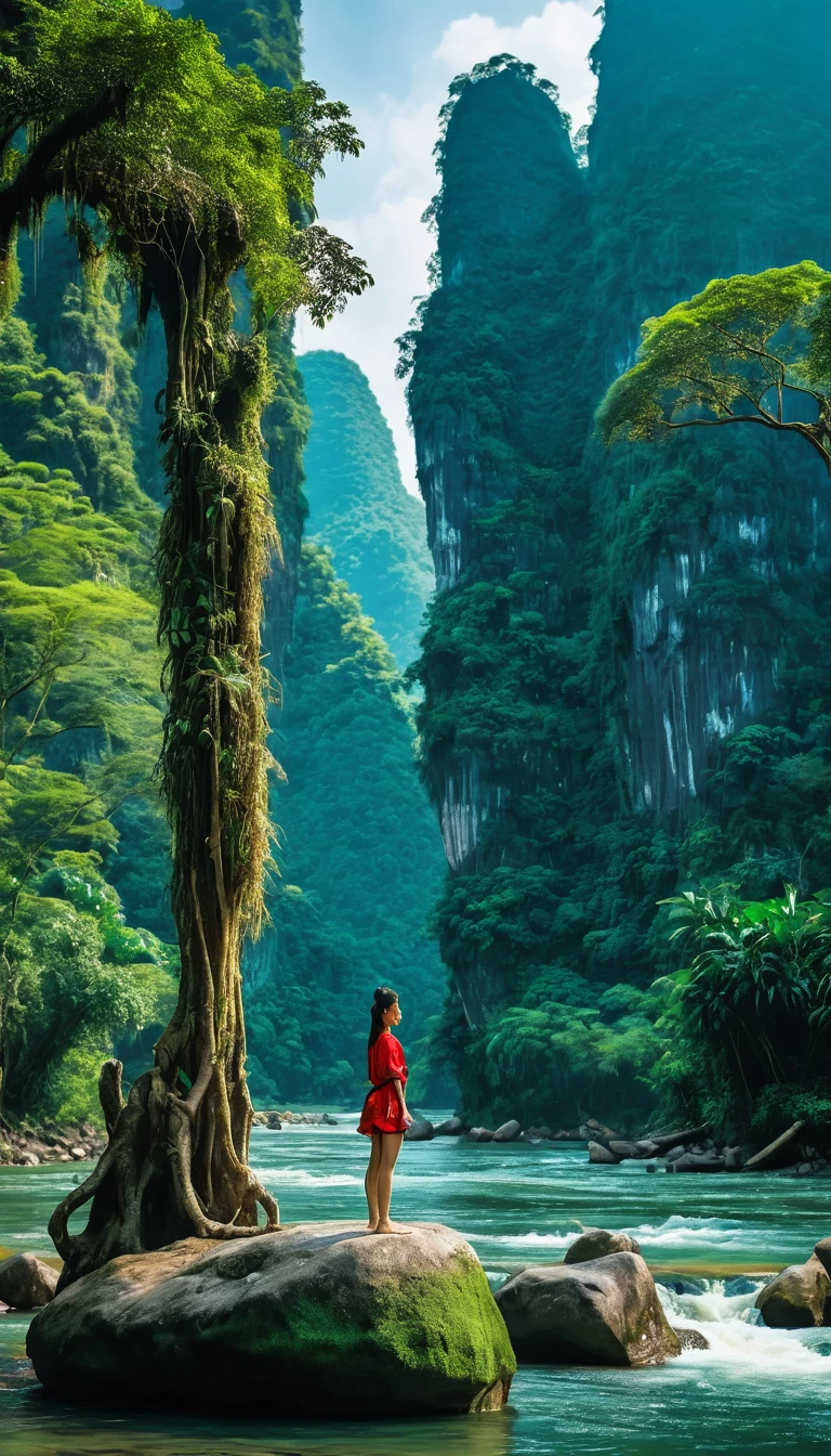 araffe girl standing on a rock in a river surrounded by trees, karst pillars forest, mountains river trees, majestic nature scenery, jungles of vietnam beautiful, stunning nature in background, chinese landscape, forest and river, very beautiful scenery, beautiful jungle landscape, amazing landscape, trees and cliffs, . background: jungle river, mountainous jungle setting, beautiful jungle