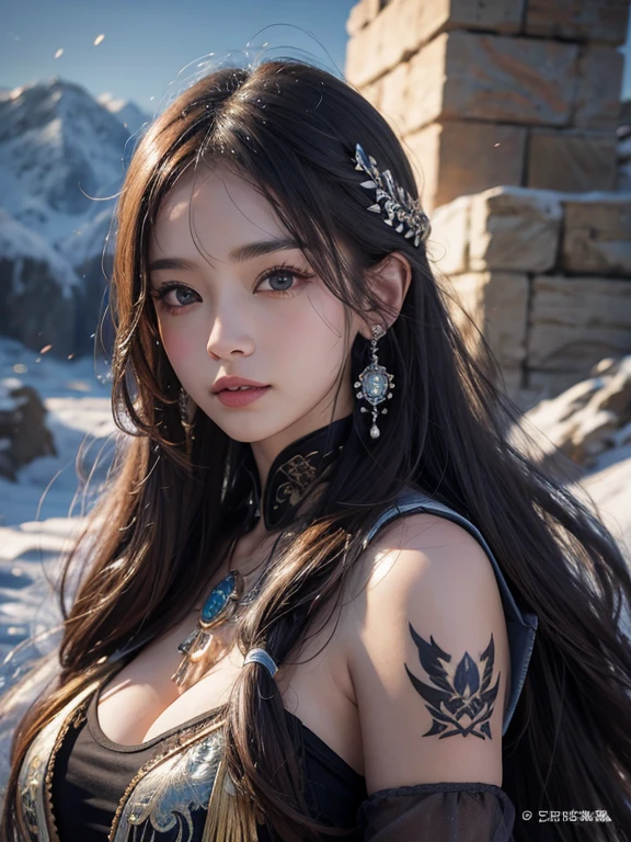 Hiding in the snowy mountains、Hair Flow、 ((Highest quality、masterpiece、8k、Best image quality、Ultra-high resolution、Award-winning works)、(Accurate anatomy:1.1)、(Look at me and smile:1.1)、Shining fair skin with Ultra-high resolution、The most detailed face、Ultra-high resolution detailed face、Ultra-high resolutionの髪の毛、(Ultra-high resolutionの煌めく瞳:1.1)、Beautiful face drawn in every detail、(Blurred Background:1.1)、Ancient Inuit clothing, Chest to chest, tattoo, Old ruins in the background、He's huge, a real hawk perched on his shoulder.. 