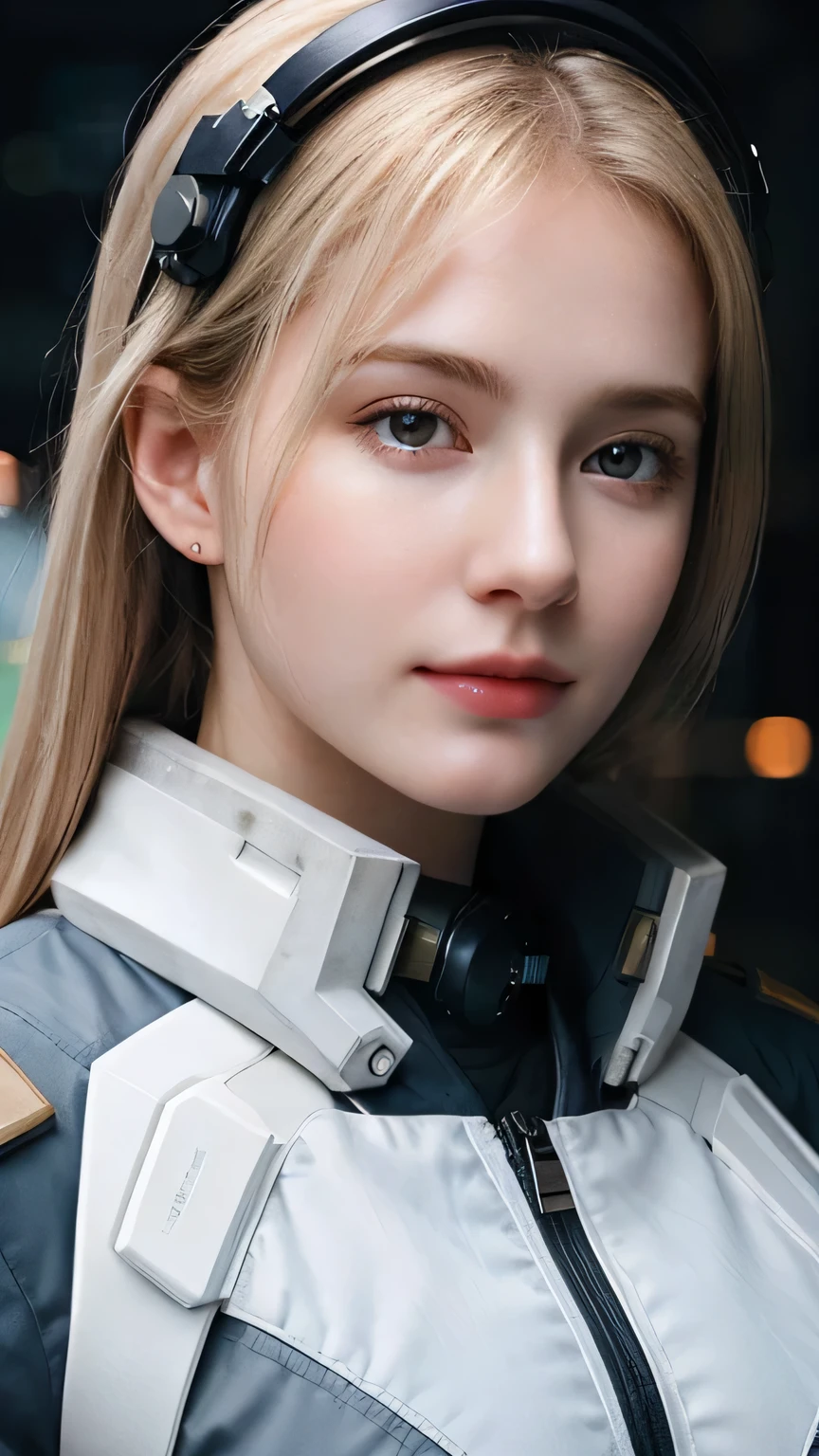 ((best quality)), photorealistic, photorealism, Photorealistic, high resolution, Beautiful, Baby Face, , White Skin, pale skin, Medium breast, Combat pose, looking at the camera, (Detailed face), curtain hair, blonde hair, (wearing pilot suit, high-tech headware, mecha suit), (cloths color based on black), Fingers are occluded, concrete space ship background,