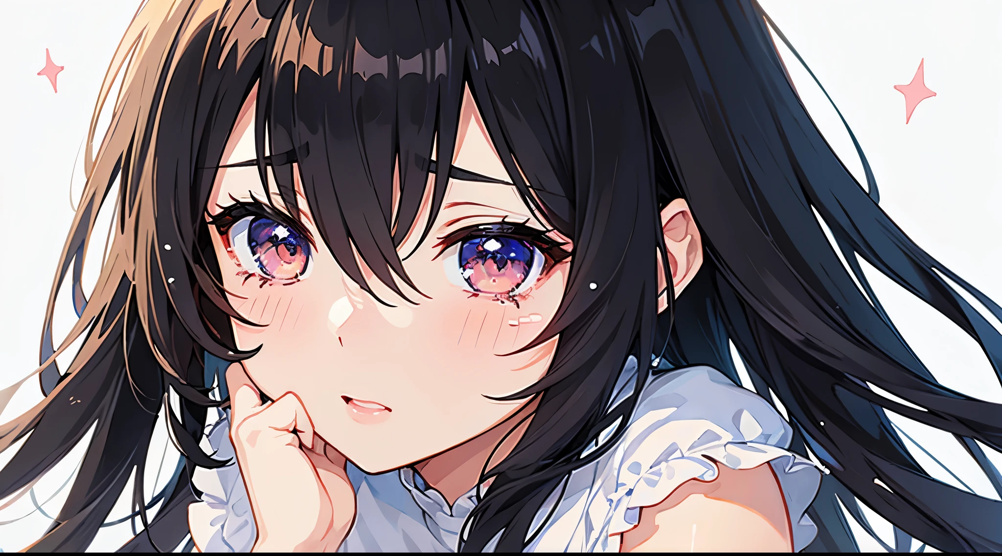 Cute illustrations、Girl、Black Hair、Half crying、My eyes are watering、Wearing a dress、一人のGirl、The background is a starry sky