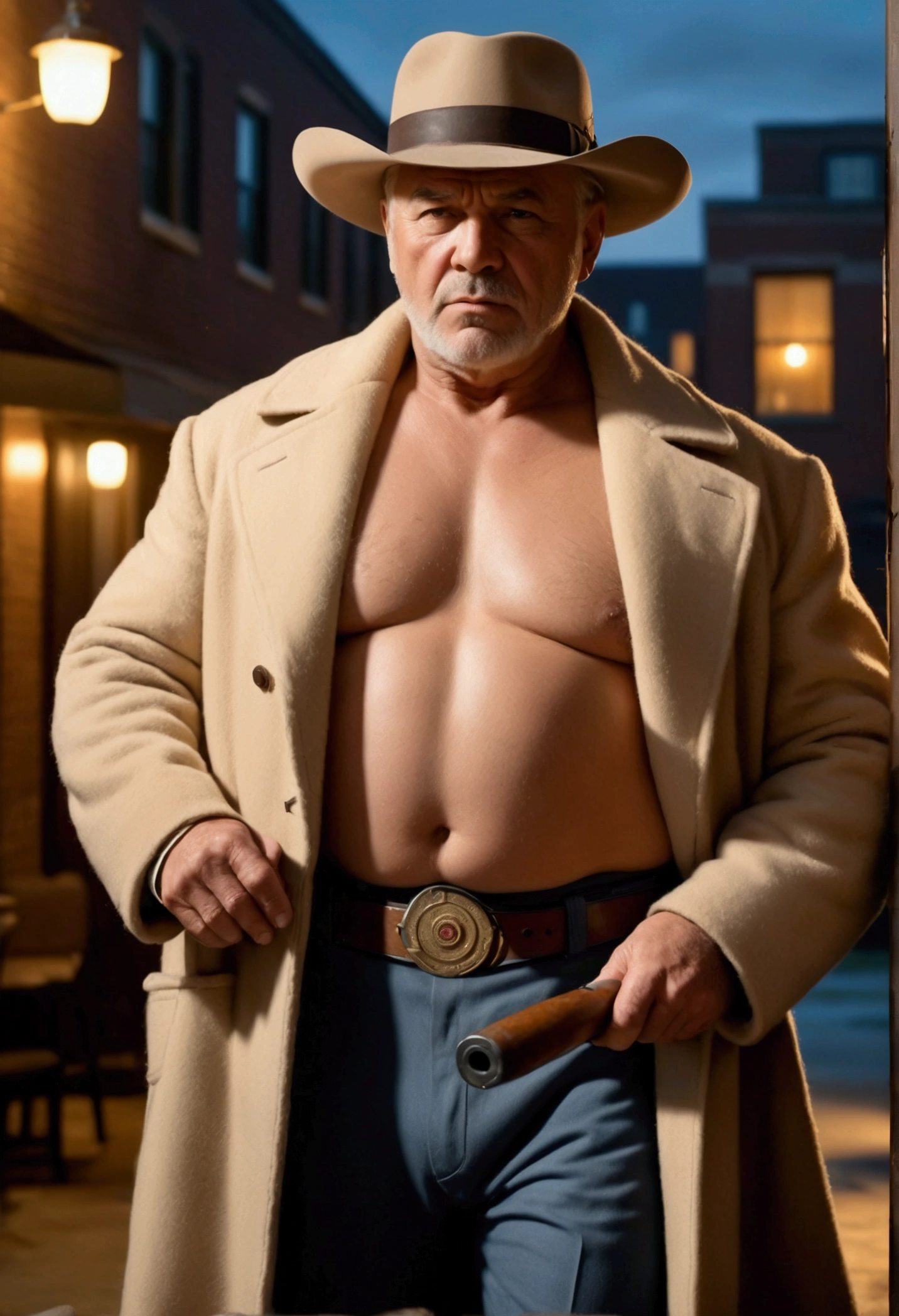 Muscular chubby old man, gangster 50s of the 20th century, mature dad, domineering and sexy sharp stern face, short beard, naked and wearing only a long open cashmere coat, hat on head and cowboy boots, right hand holding a Thompson machine gun raised, smoldering cigar in left hand, hairy chest with small protruding nipples, bearish hairy belly, penis, hair on chest and belly stuck to the skin from sweat, dad's pose is repulsive and sexually alluring to him, full body side view, Chicago in the 50s , twilight,(best quality, 4k, 8k, high, masterpiece: 1.2), ultra detailed, ( realistic, photorealistic, photorealistic: 1.37), detailed face, intricate details, cinematic lighting, dramatic lighting, cinematic angle, cinematic pose, dramatic shadows