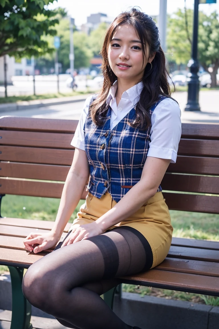 Urzan-6500-v1.1, (RAW Photos:1.2), (Realistic), (Genuine:1.4), 1、Perfect Anatomy、42 years old、Looking into the camera、Medium Long Hair、Plaid vest、((Sit on a bench:1.3))、(Ultra-realistic pantyhose:1.2), (High heels)、(Business services)、Cowboy Shot